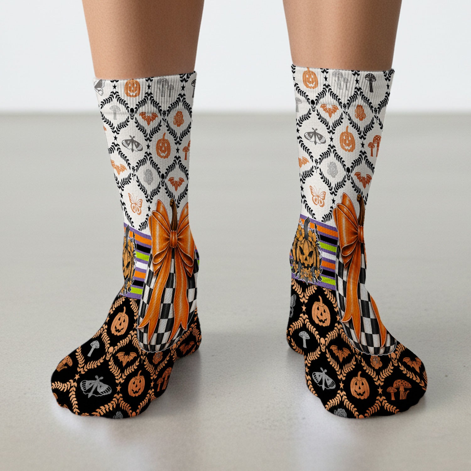 Halloween Checkered Pumpkin With Bow Pattern Socks, Adult Socks for Men and Women