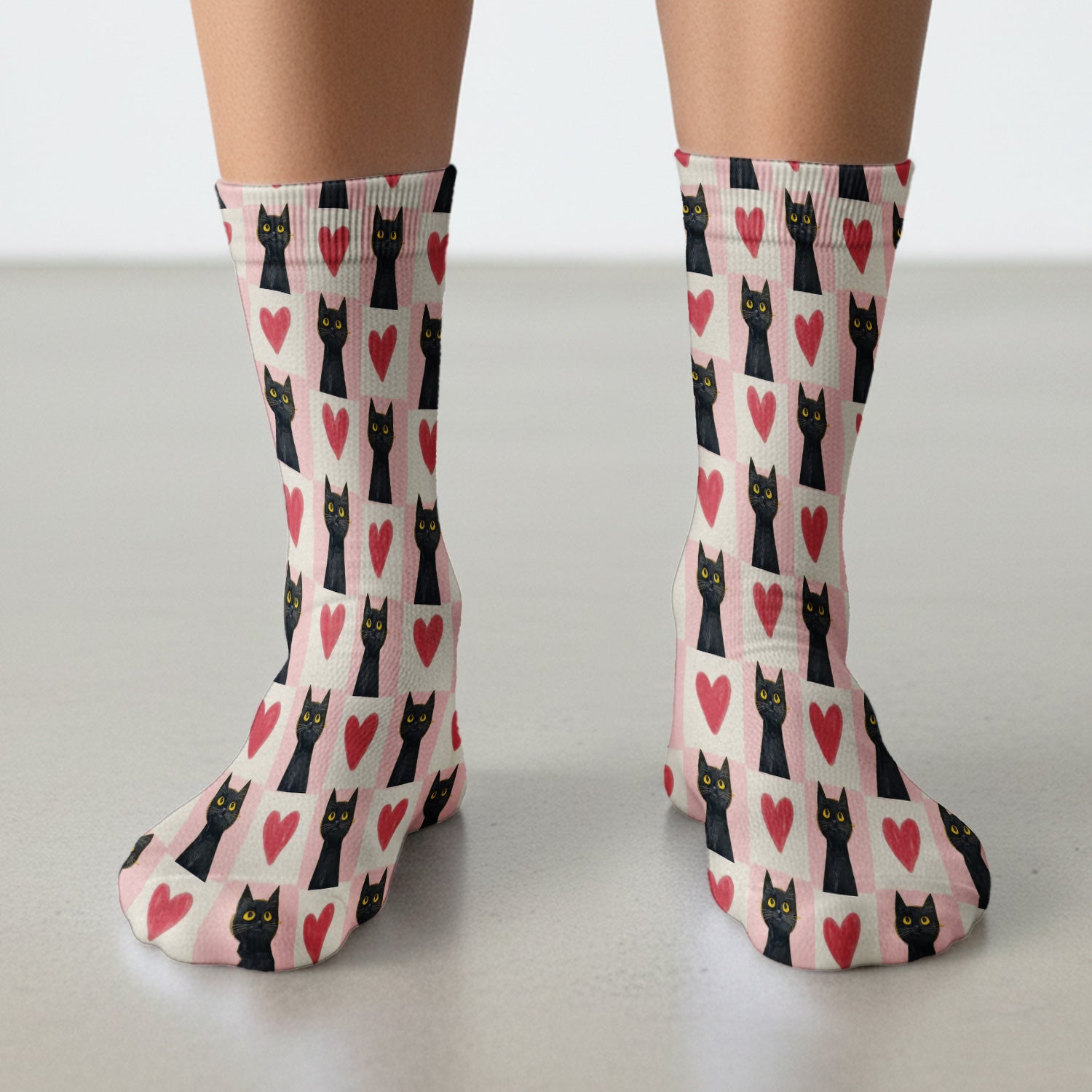 Cute Black Cat Heart Print Crew Socks, Pink Christmas Gift