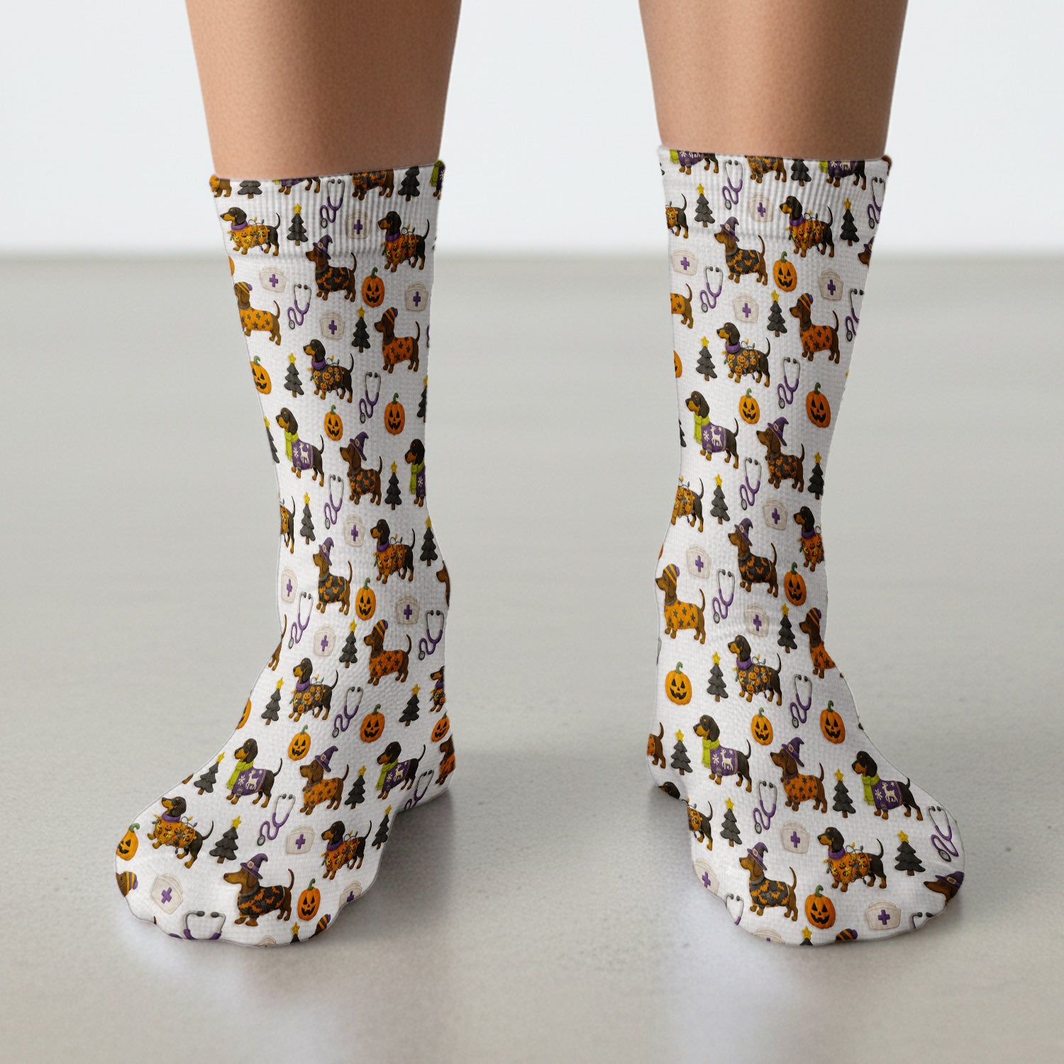 Halloween Dachshund with Pumpkin Stethoscope Print Socks, Adult Socks for Men and Women