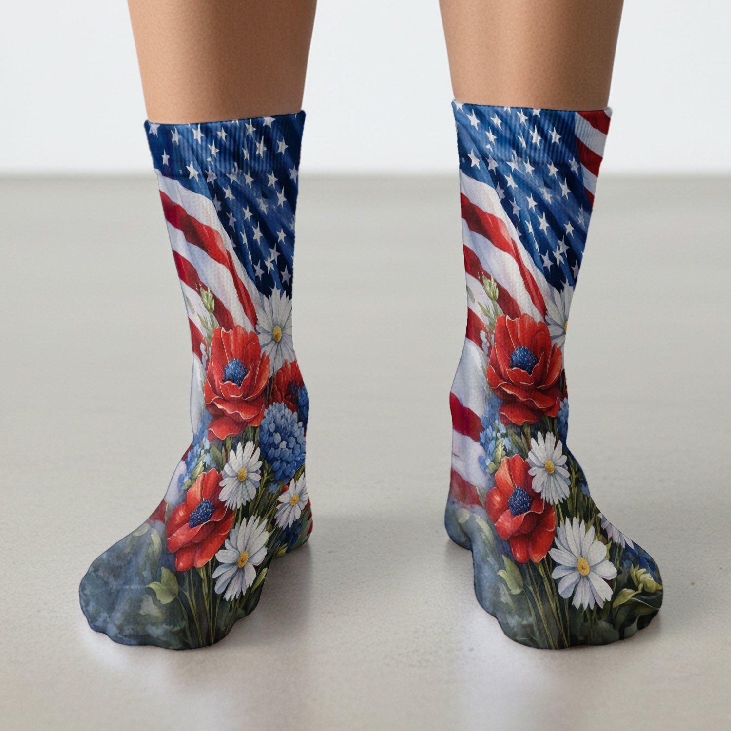 Festive US Flag Floral Bouquet Pattern Socks, Adult Socks for Men and Women