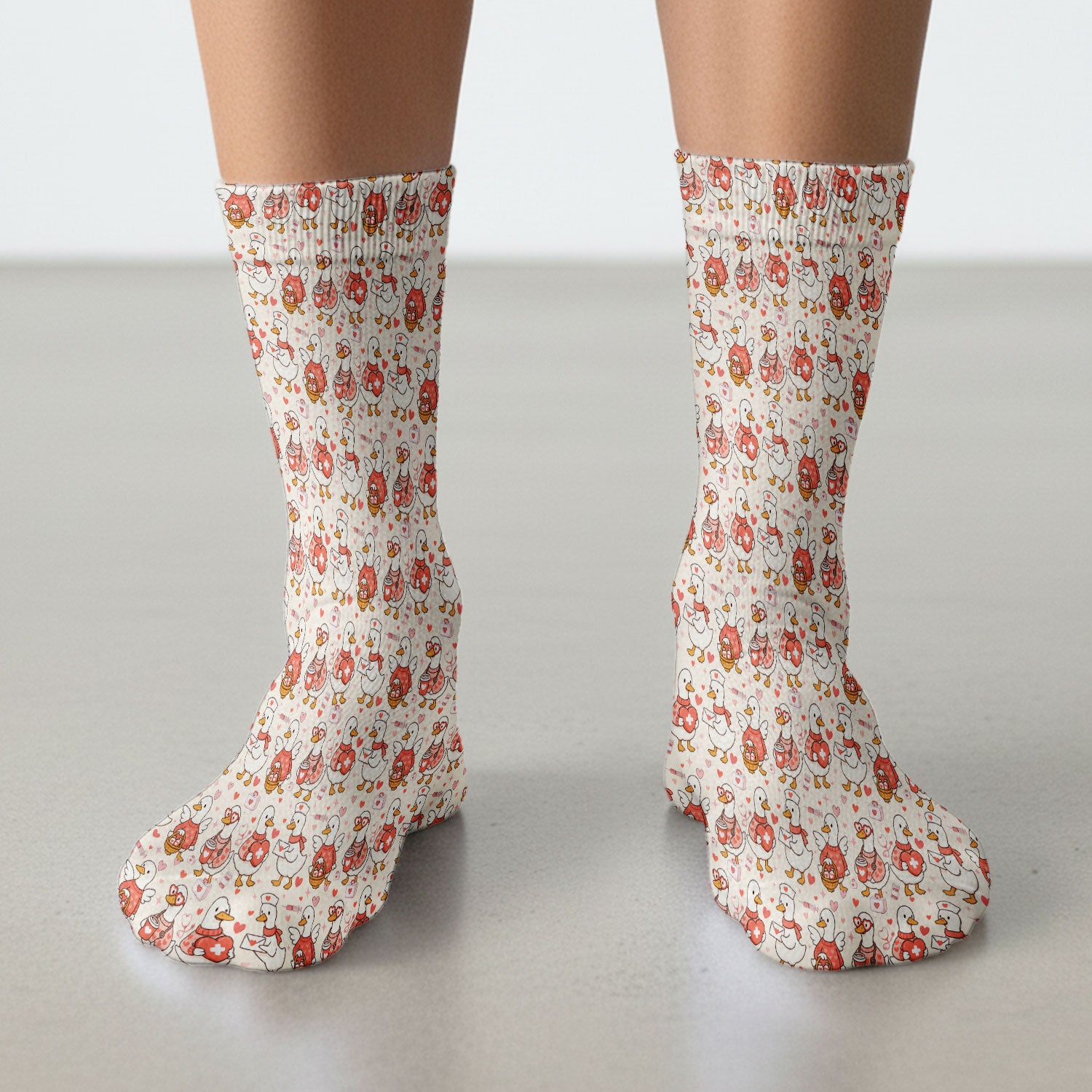 Valentine Goose Nurse Scrub Socks, Heart Medical Pattern Nurse Sock, Breathable Fabrics Nursing Uniform