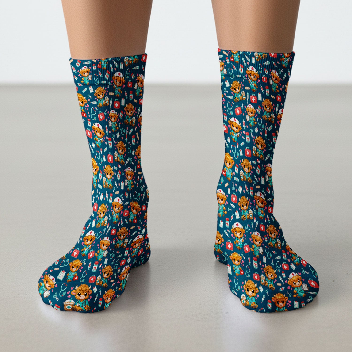 Cute Highland Cow Nurse Scrub Socks, Kawaii Medical Pattern Sock, Breathable Fabrics Nursing Uniform