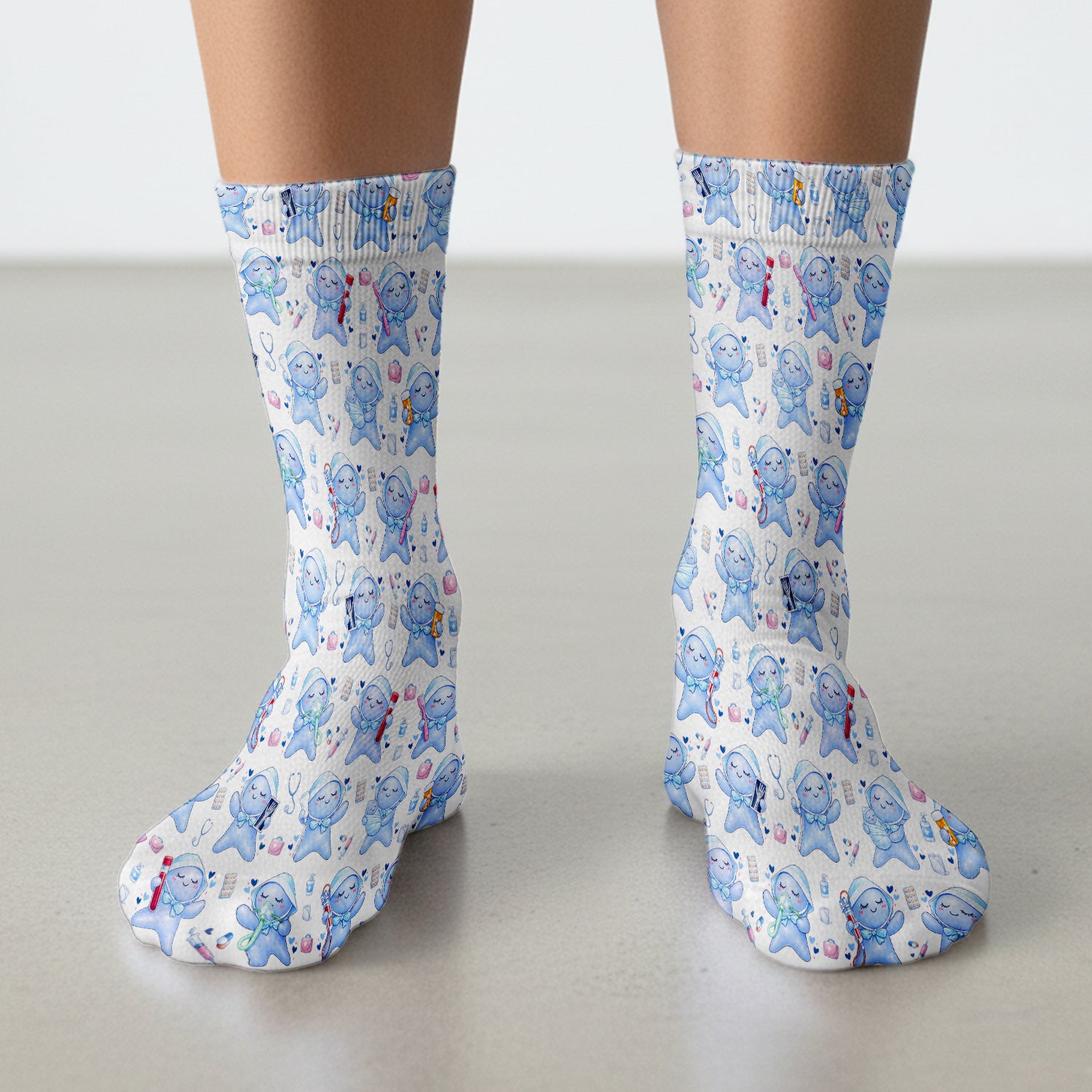 Cute Tooth Character Dental Tools Caring Pattern Socks, Breathable Fabrics Medical Uniform