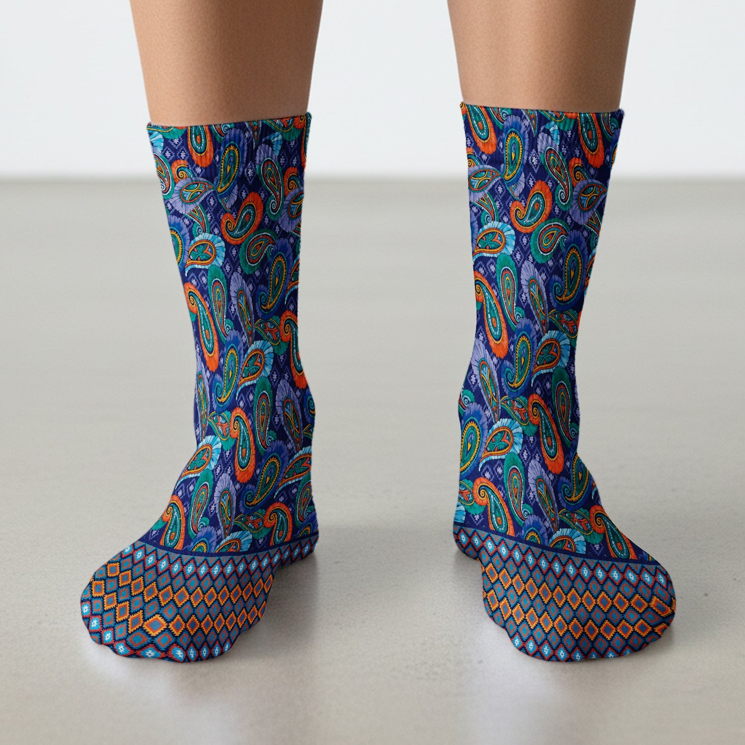 Colorful Paisley Geometric Border Pattern Socks, Adult Socks for Men and Women