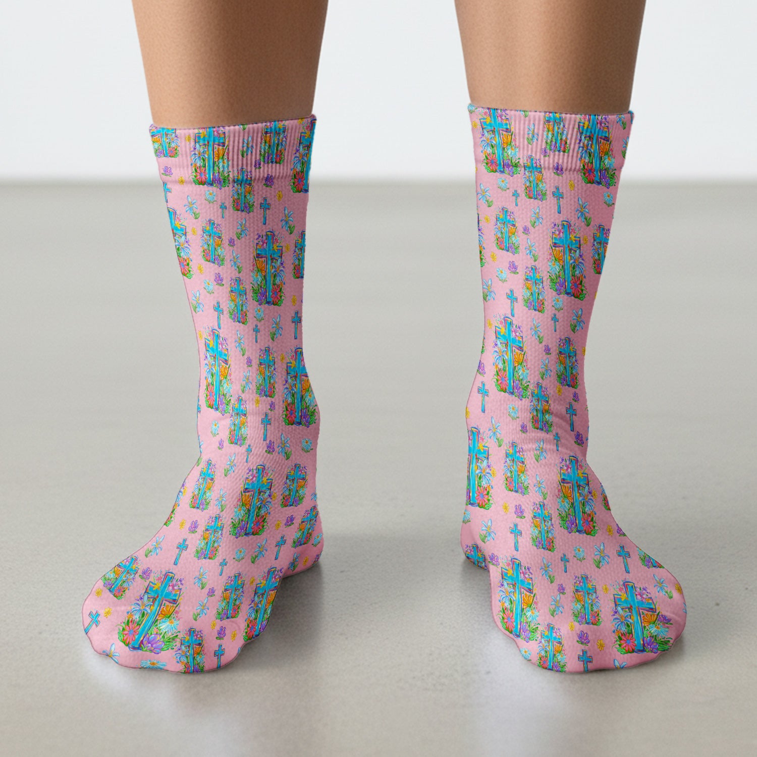 Christian Floral Cross Spring Pattern Socks, Breathable Fabrics Medical Uniform