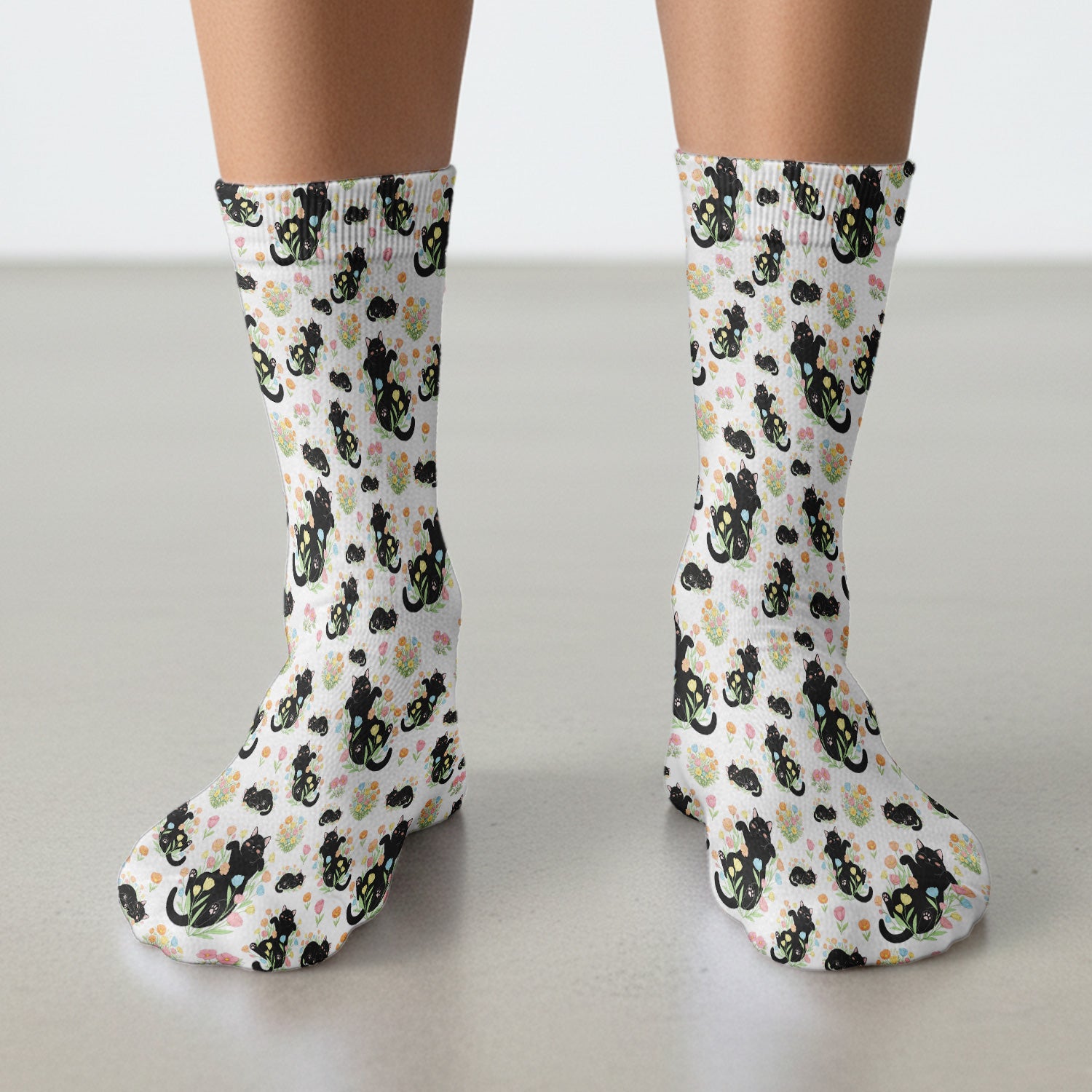 Cats With Cute Poses Floral Pattern Socks, Adult Socks for Men and Women