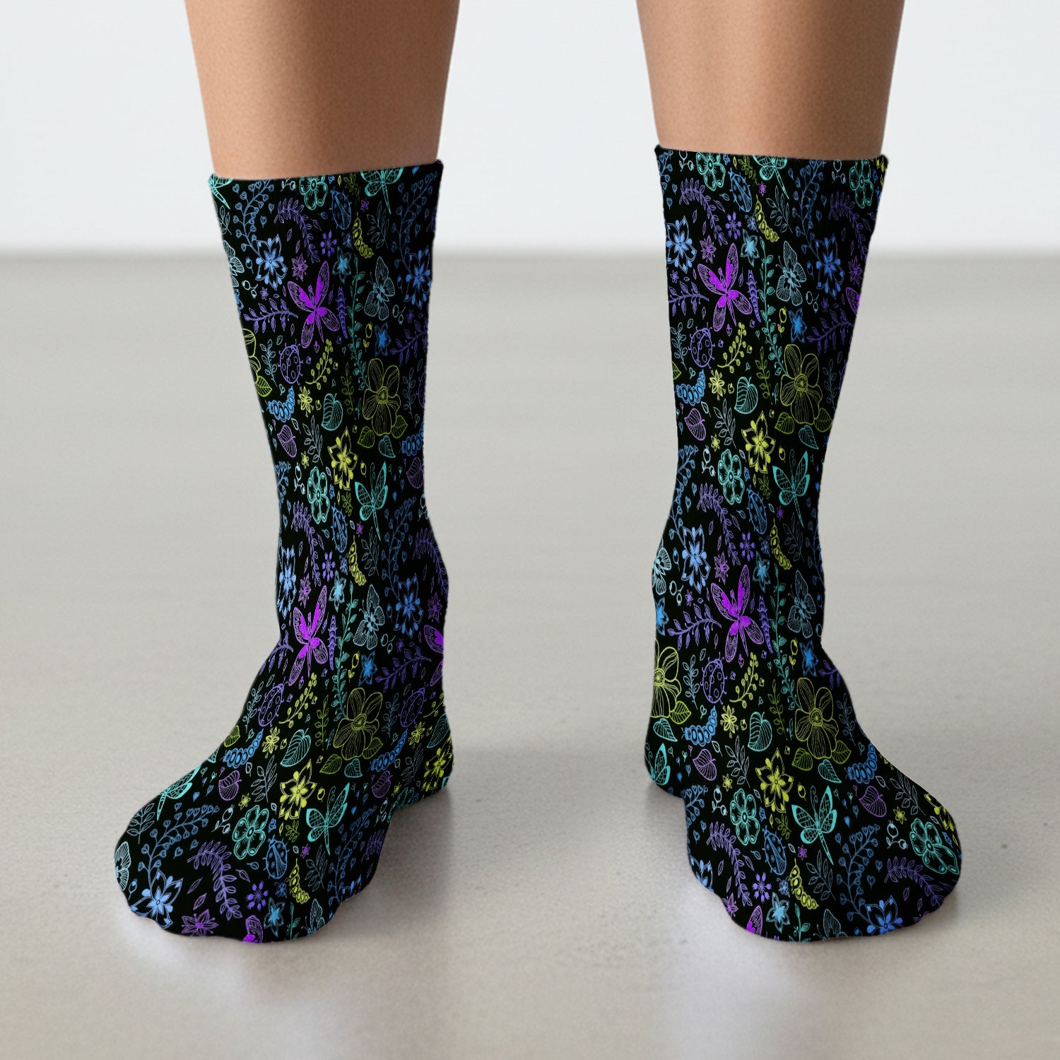 Neon Butterfly and Floral Garden Pattern Socks, Breathable Fabrics Medical Uniform