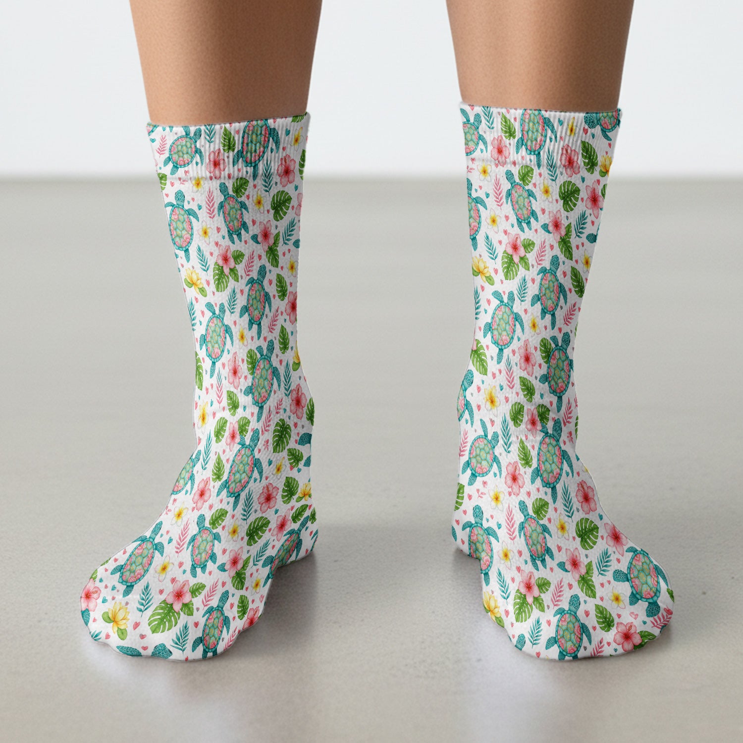 Tropical Sea Turtle Floral Pattern Socks, Adult Socks for Men and Women