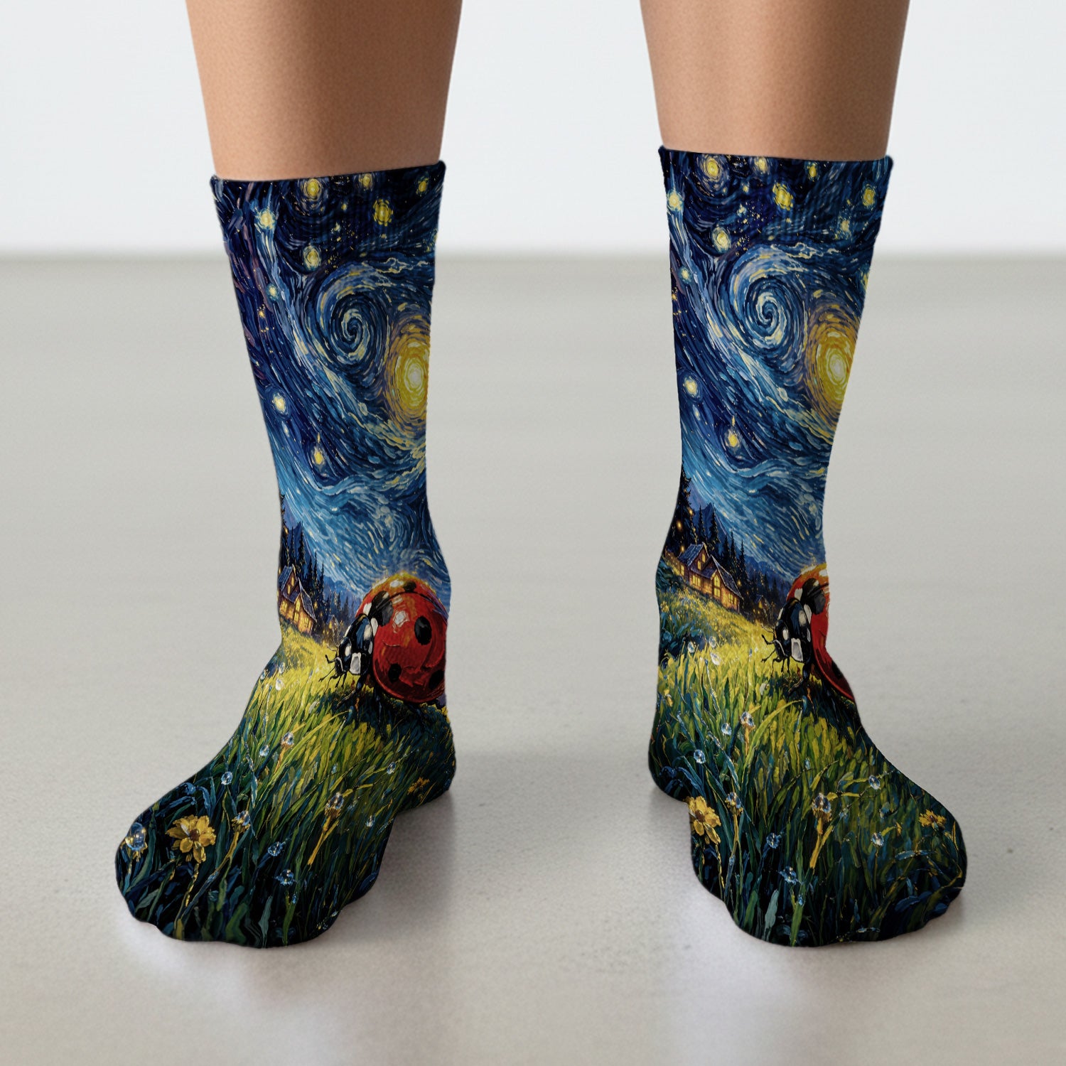 Swirl Night Sky Ladybug Landscape Art Print Socks, Breathable Fabrics Medical Uniform
