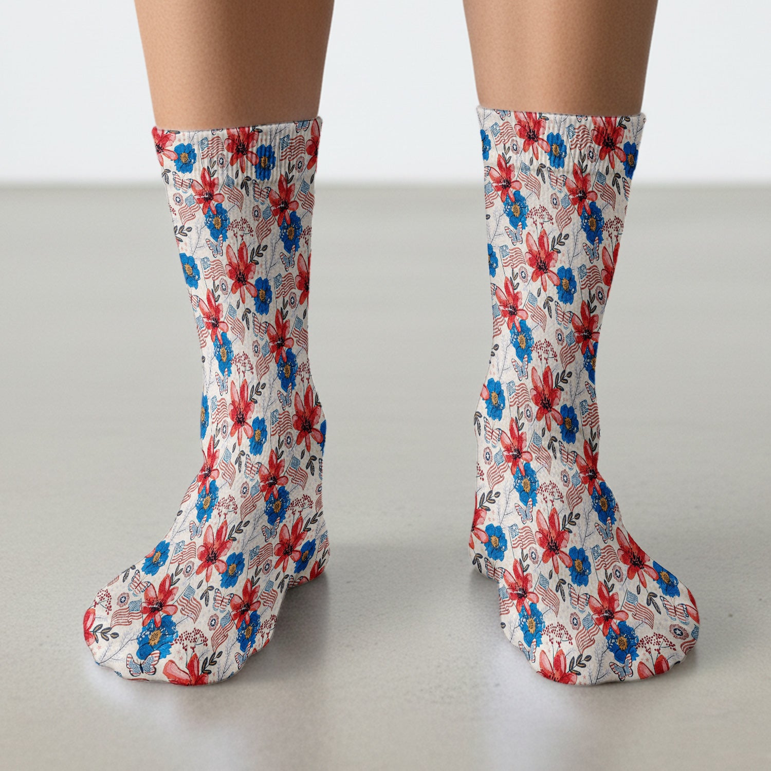 Patriotic Floral Flag Butterfly Pattern Socks, Adult Socks for Men and Women