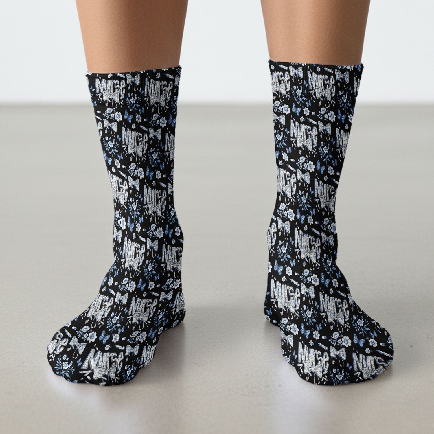 Blue Nurse Bow Floral Butterfly Pattern Socks, Breathable Fabrics Medical Uniform