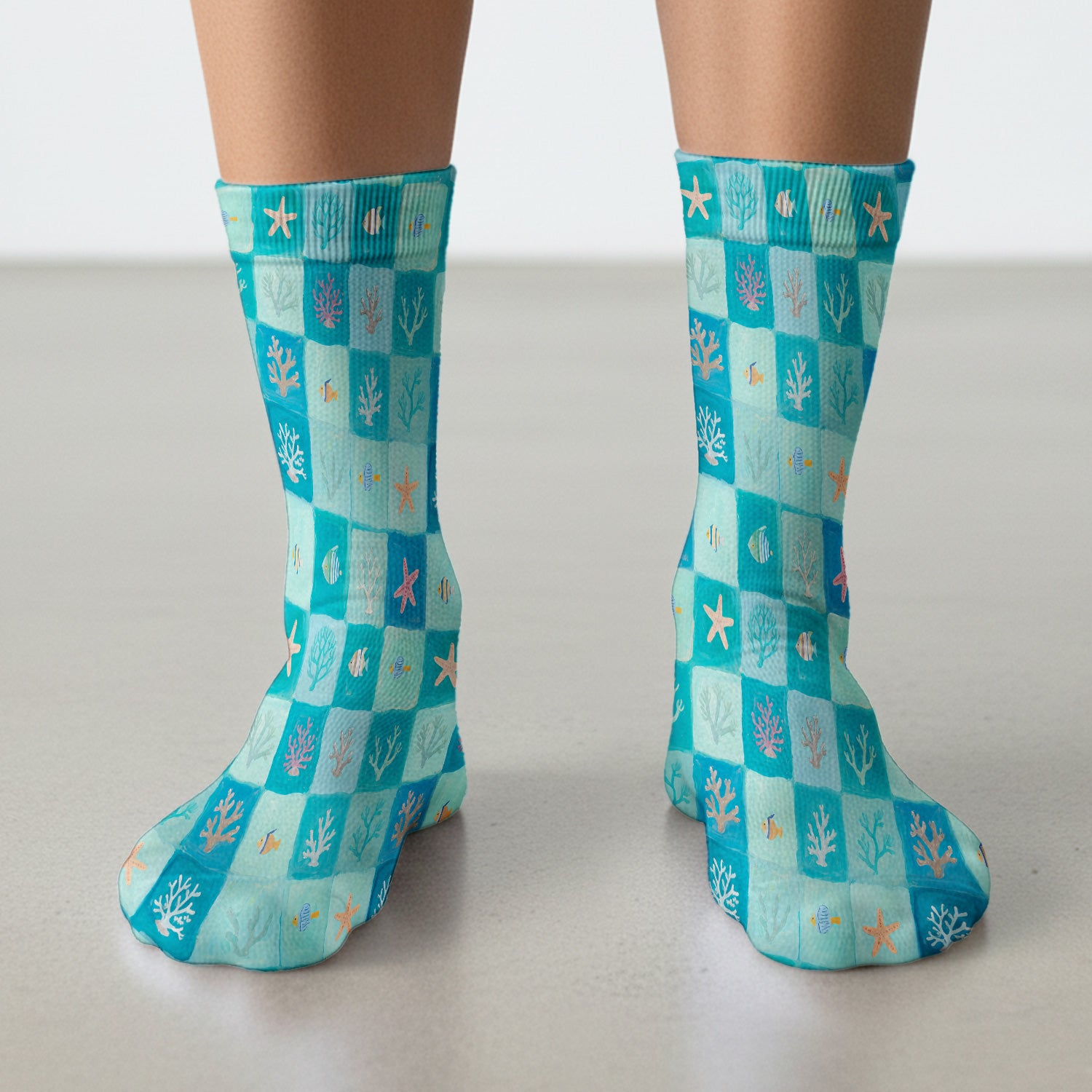 Ocean Coral Fish Starfish Checkered Pattern Socks, Adult Socks for Men and Women