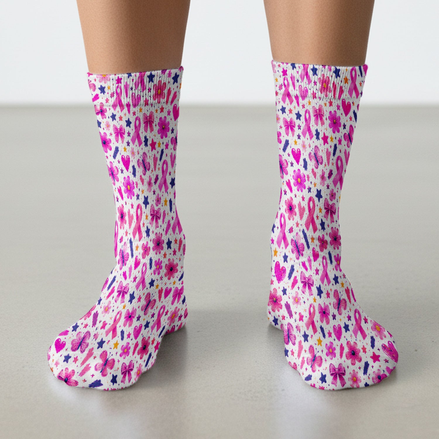 Pink Ribbon Floral Pattern Socks, Adult Socks for Men and Women