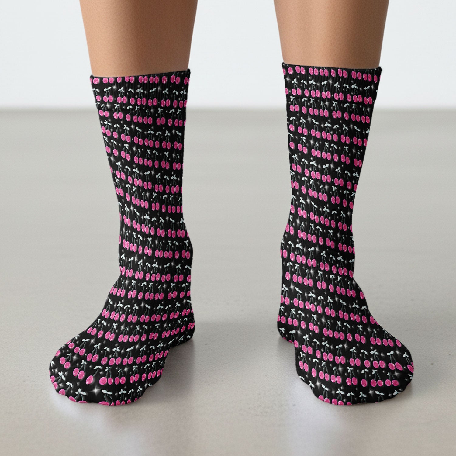 Pink Cherry Sparkle Print Socks, Adult Socks for Men and Women