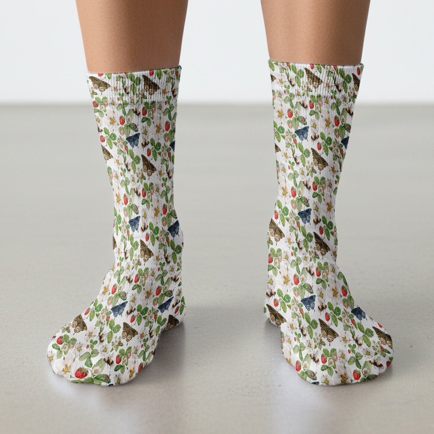 Charming Strawberry Butterfly Garden Pattern Socks, Adult Socks for Men and Women