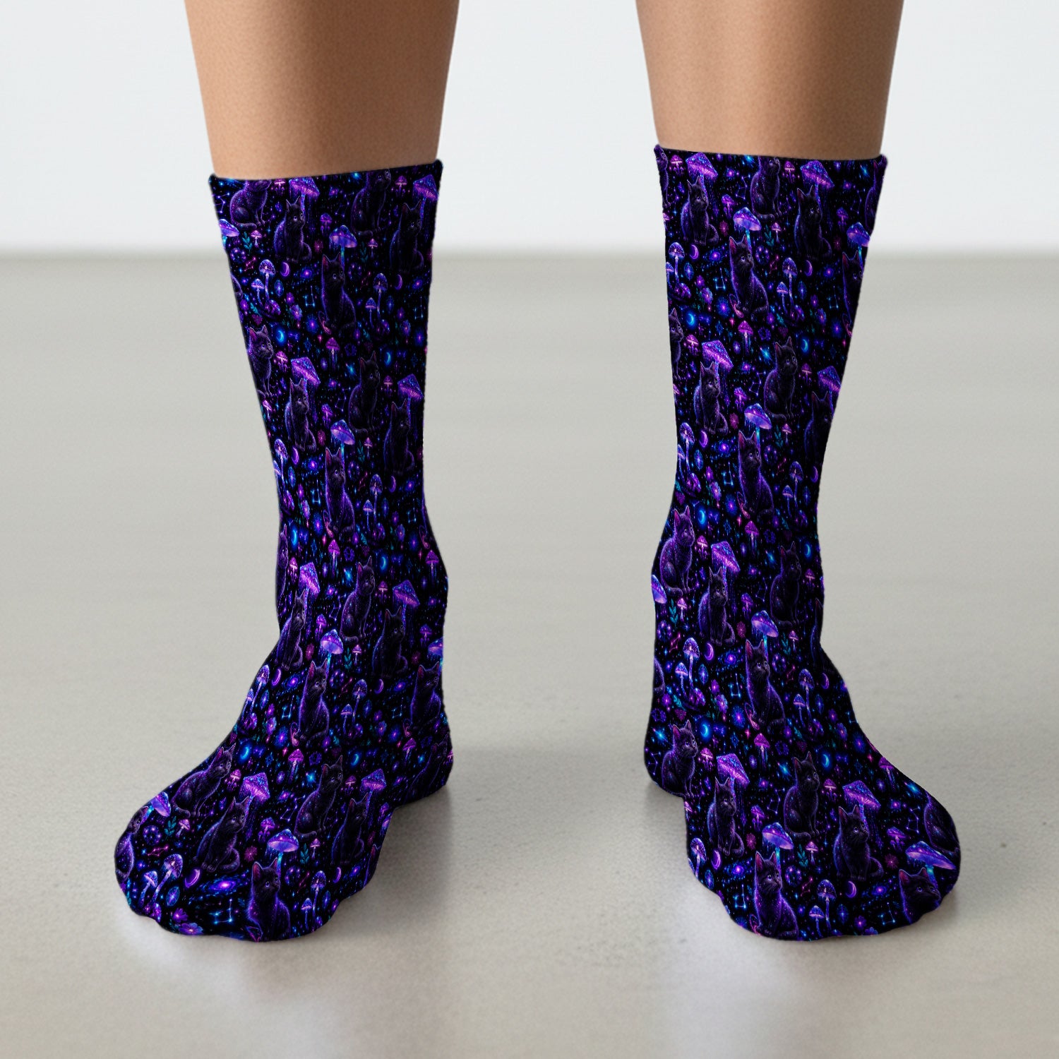 Mystical Black Cat Neon Mushroom Print Socks, Adult Socks for Men and Women