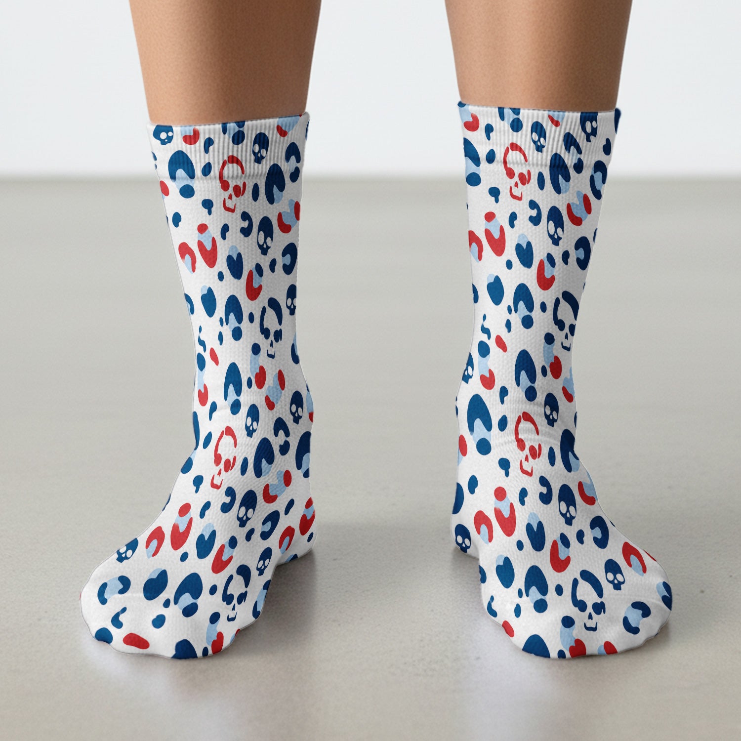Red Blue Skull Leopard Pattern Socks, Adult Socks for Men and Women
