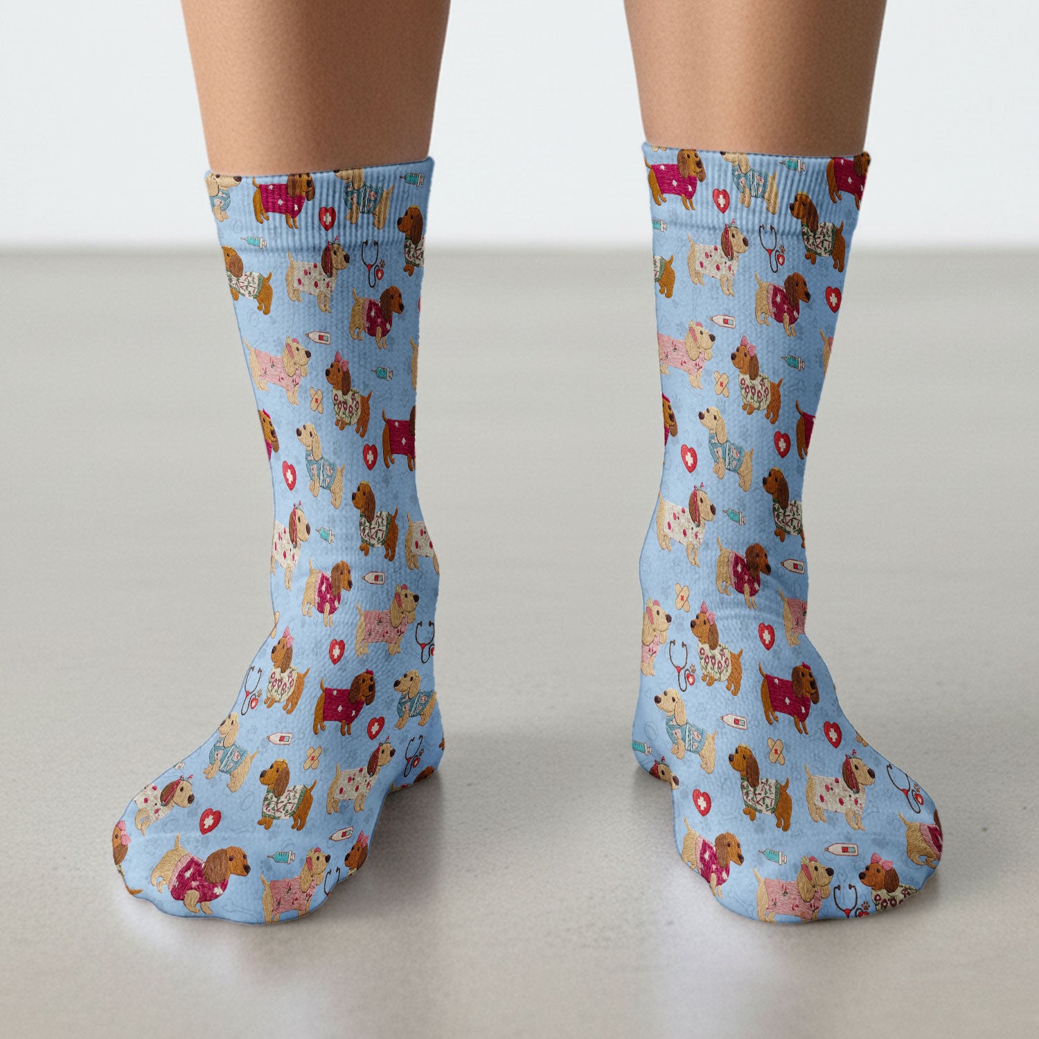Cute Medical Wiener Dog Pattern Nurse Socks, Dachshund Nursing Scrub Sock, Breathable Fabrics Nursing Uniform