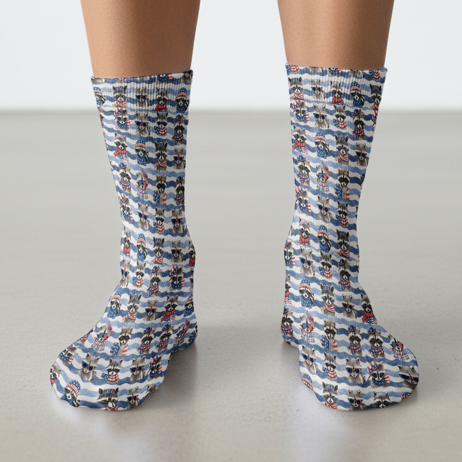 Patriotic Raccoon Watercolor Stripe Pattern Socks, Adult Socks for Men and Women