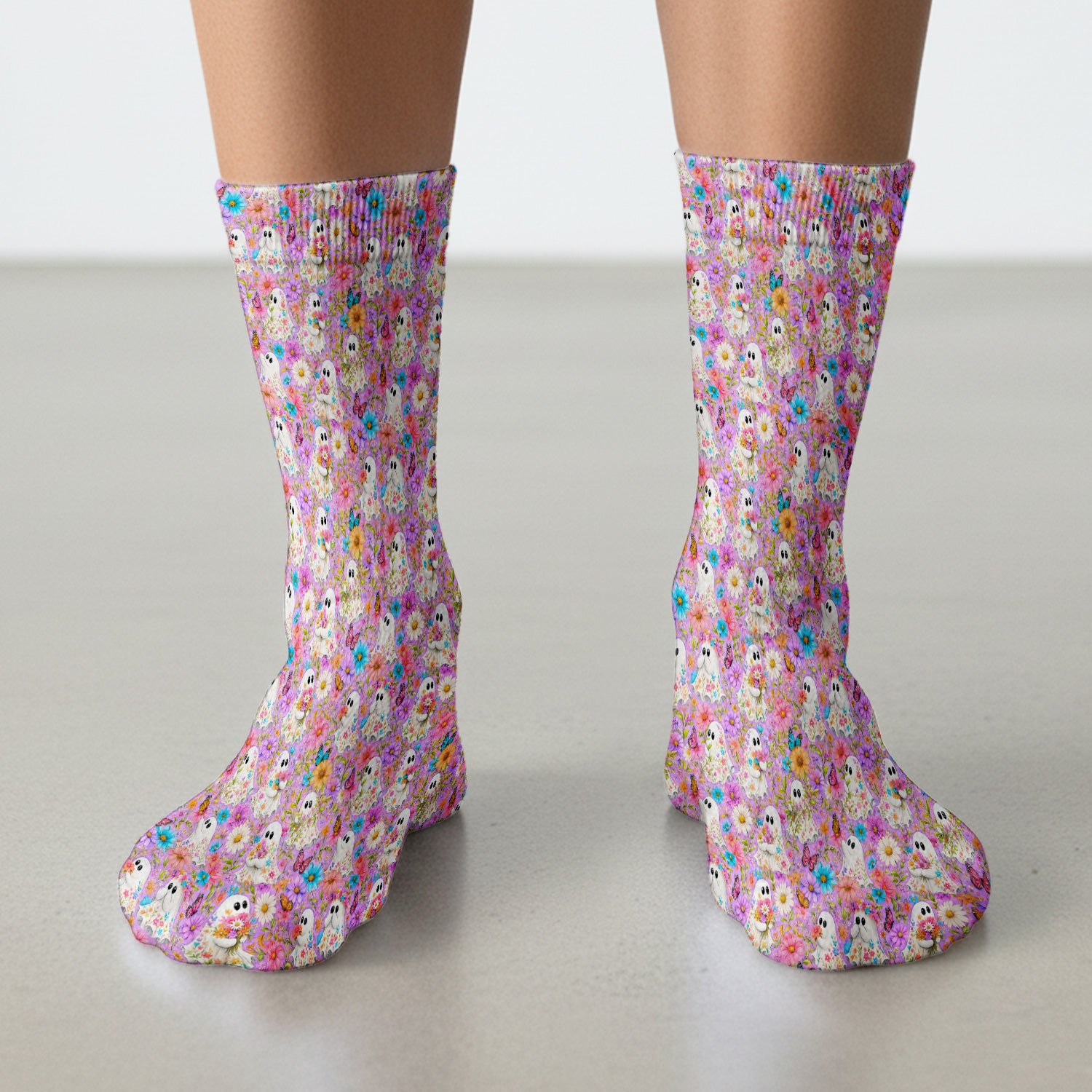 Cute Halloween Floral Ghosts And Butterflies Socks, Adult Socks for Men and Women