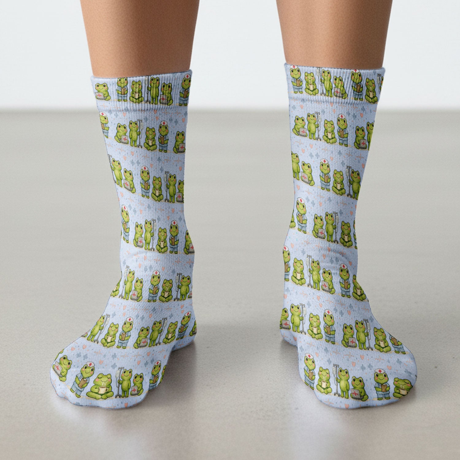 Adorable Frog Nurse Various Poses Print Socks, Breathable Fabrics Medical Uniform