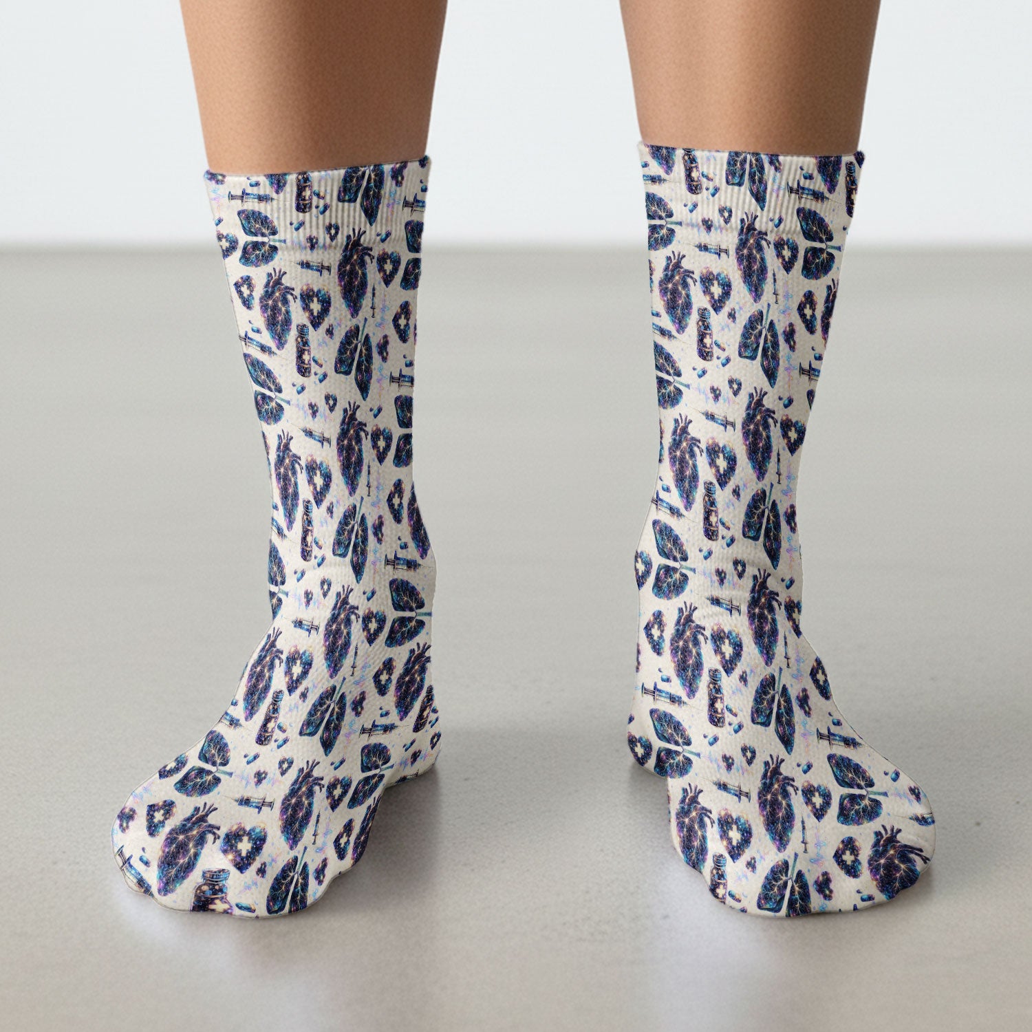 Galaxy Anatomical Heart Lung Syringe Print Socks, Breathable Fabrics Medical Uniform