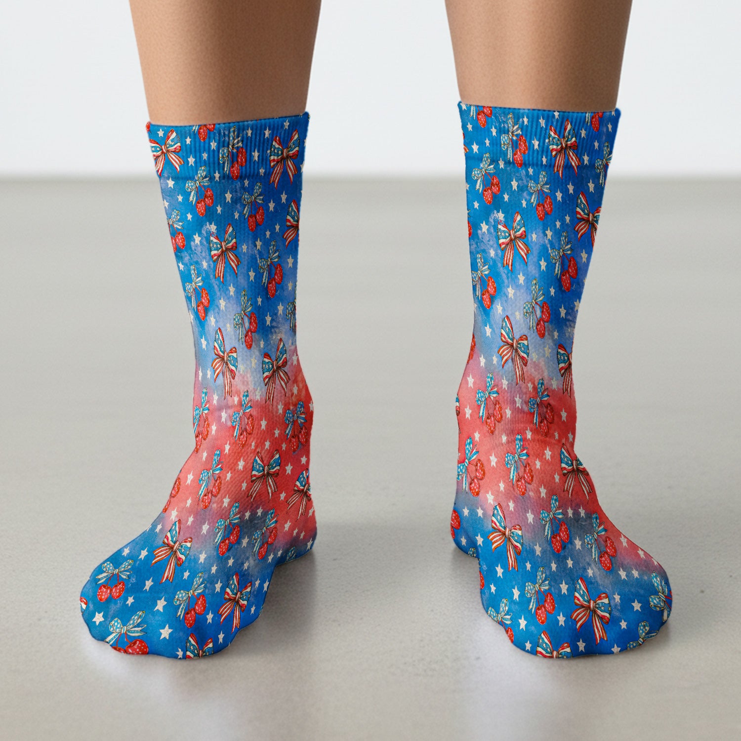 Festive Patriotic Star Bow Cherry Pattern Socks, Adult Socks for Men and Women