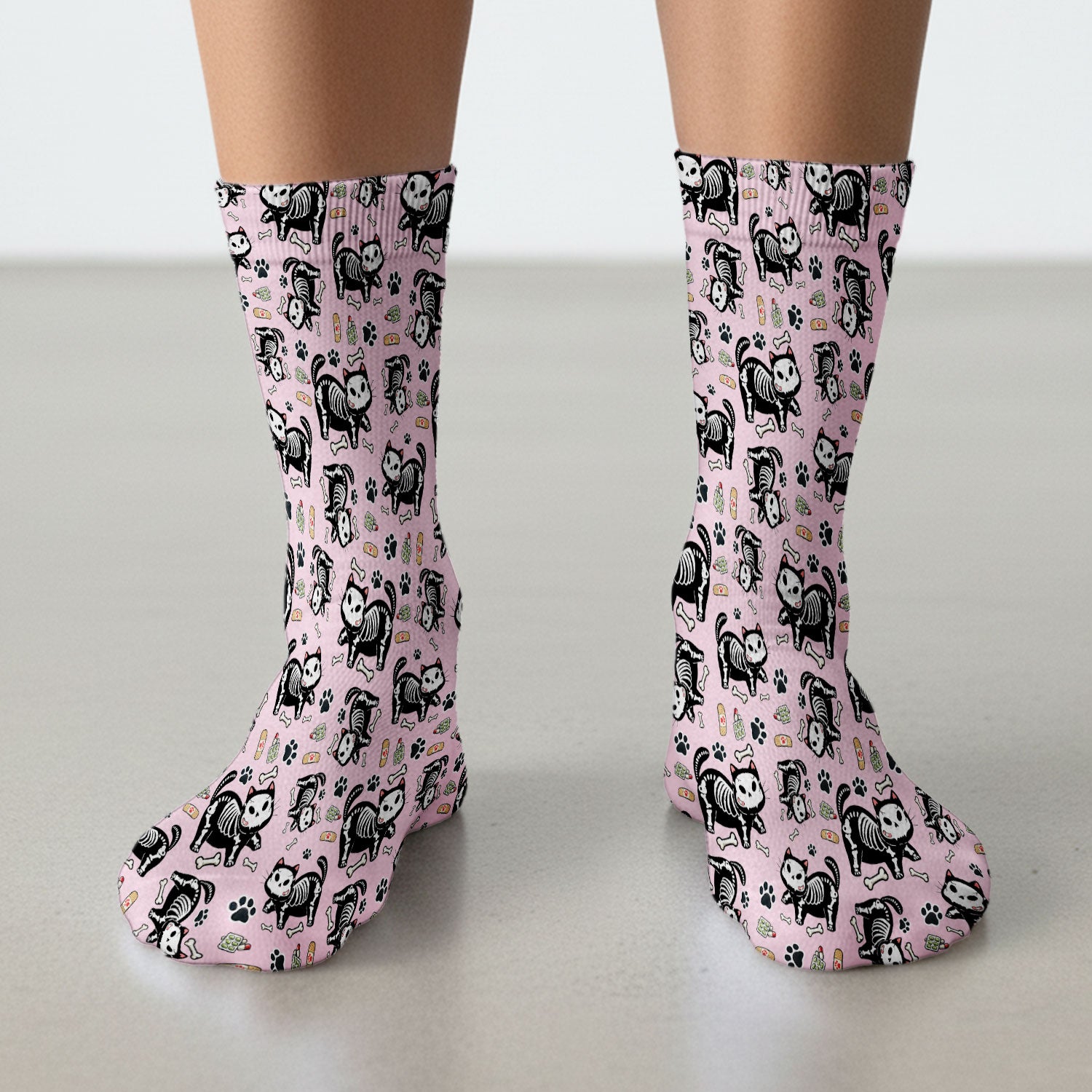 Skeleton Cat Medical Pattern Socks, Breathable Fabrics Medical Uniform
