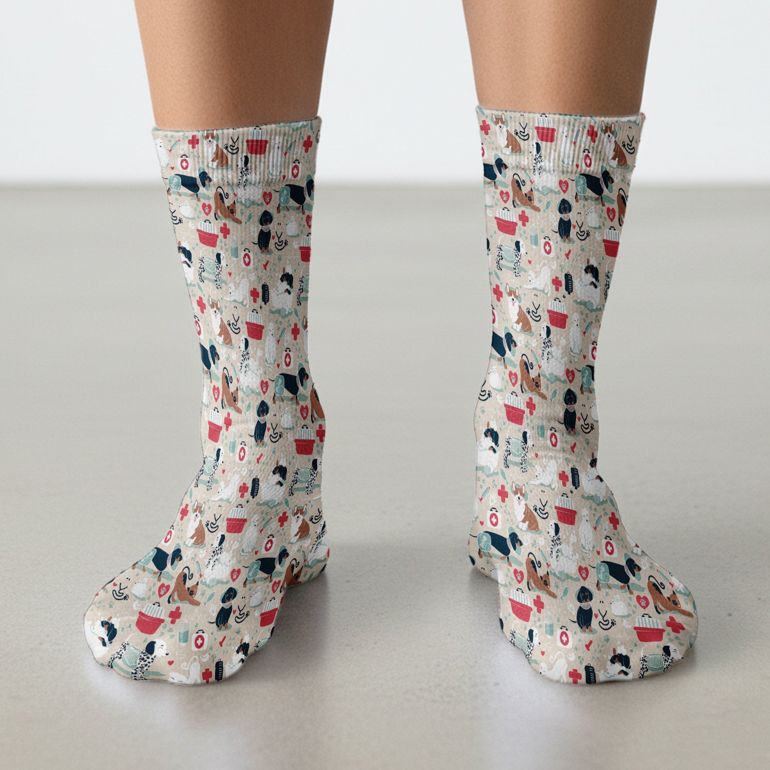 Dogs With Veterinary Tools And Paw Print Socks, Breathable Fabrics Medical Uniform