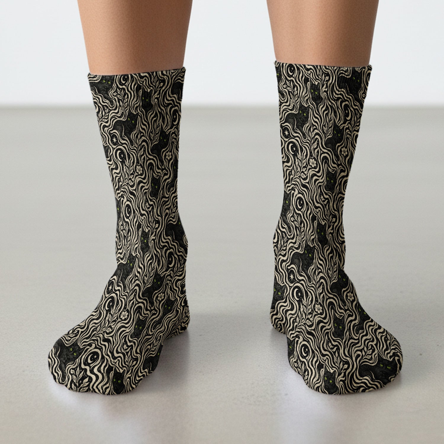 Mystical Black Cat Moonlit Pattern Socks, Adult Socks for Men and Women