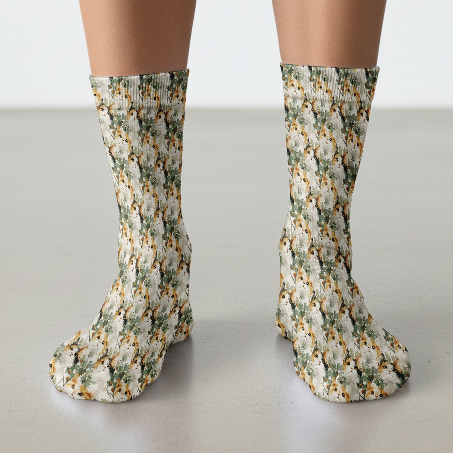 Fluffy Calico Cat Oak Leaves Pattern Socks, Adult Socks for Men and Women