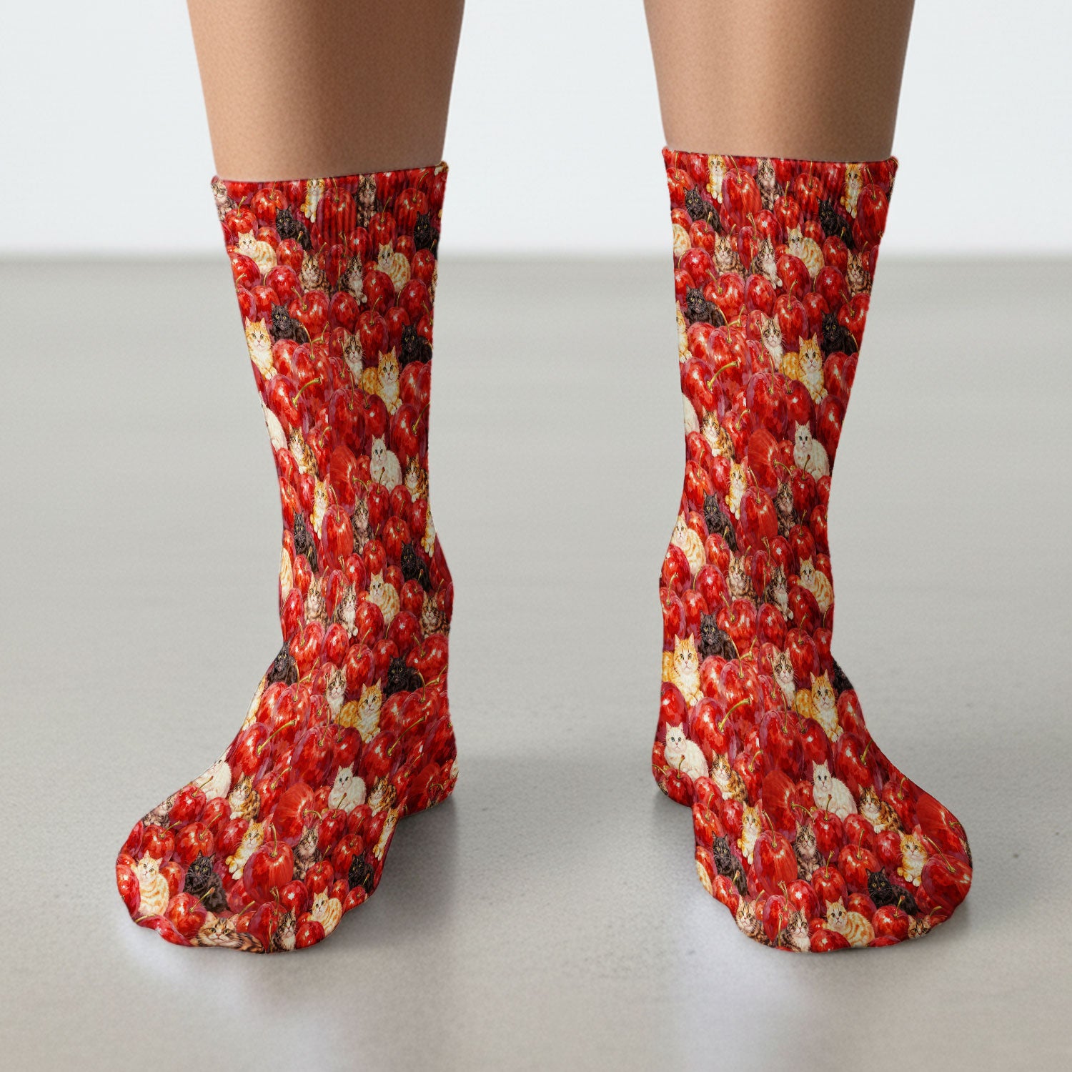 Cute Cat Cherry Pattern Socks, Adult Socks for Men and Women