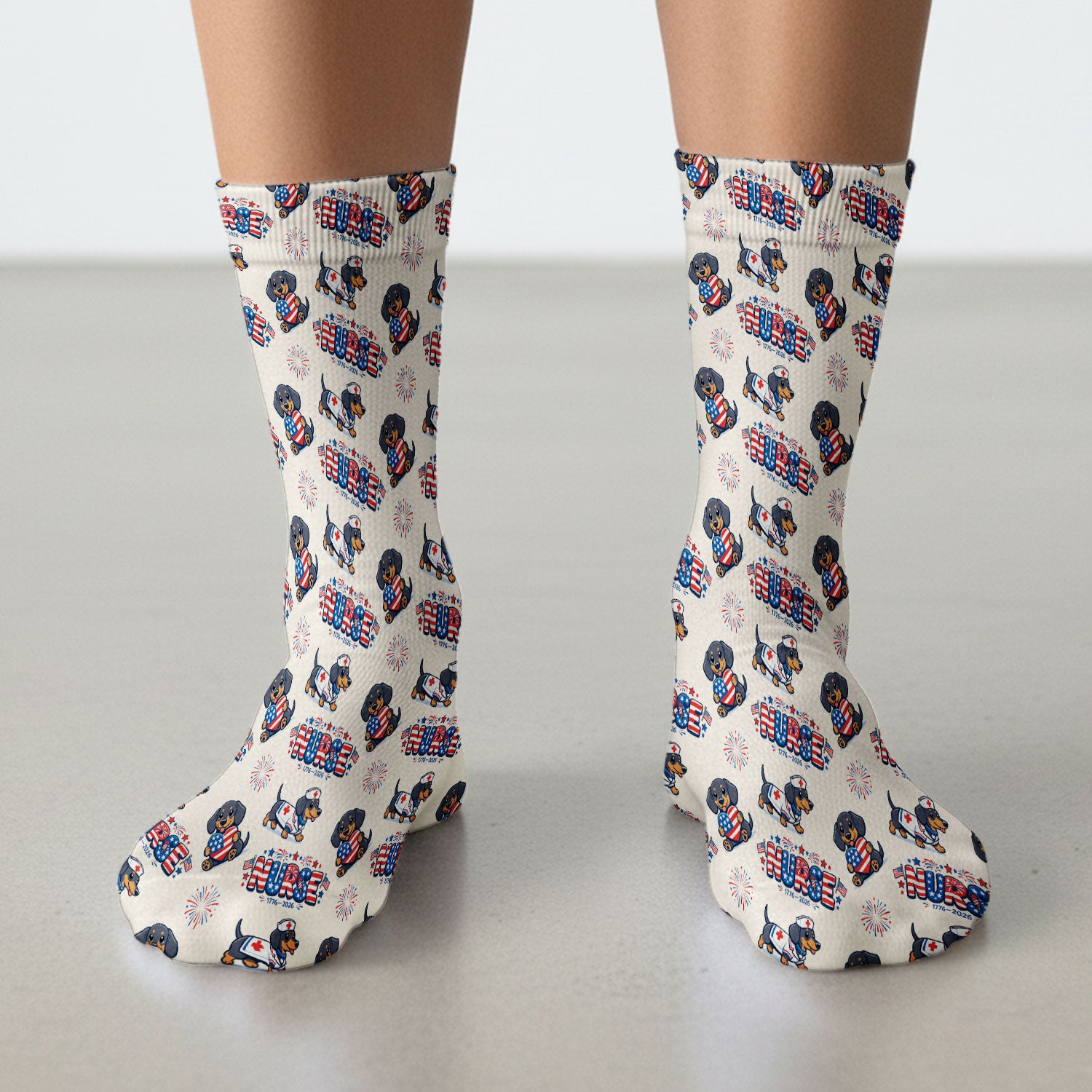 Proud Nurse Patriotic Dachshund Medical Firework Pattern Socks, Breathable Fabrics Medical Uniform