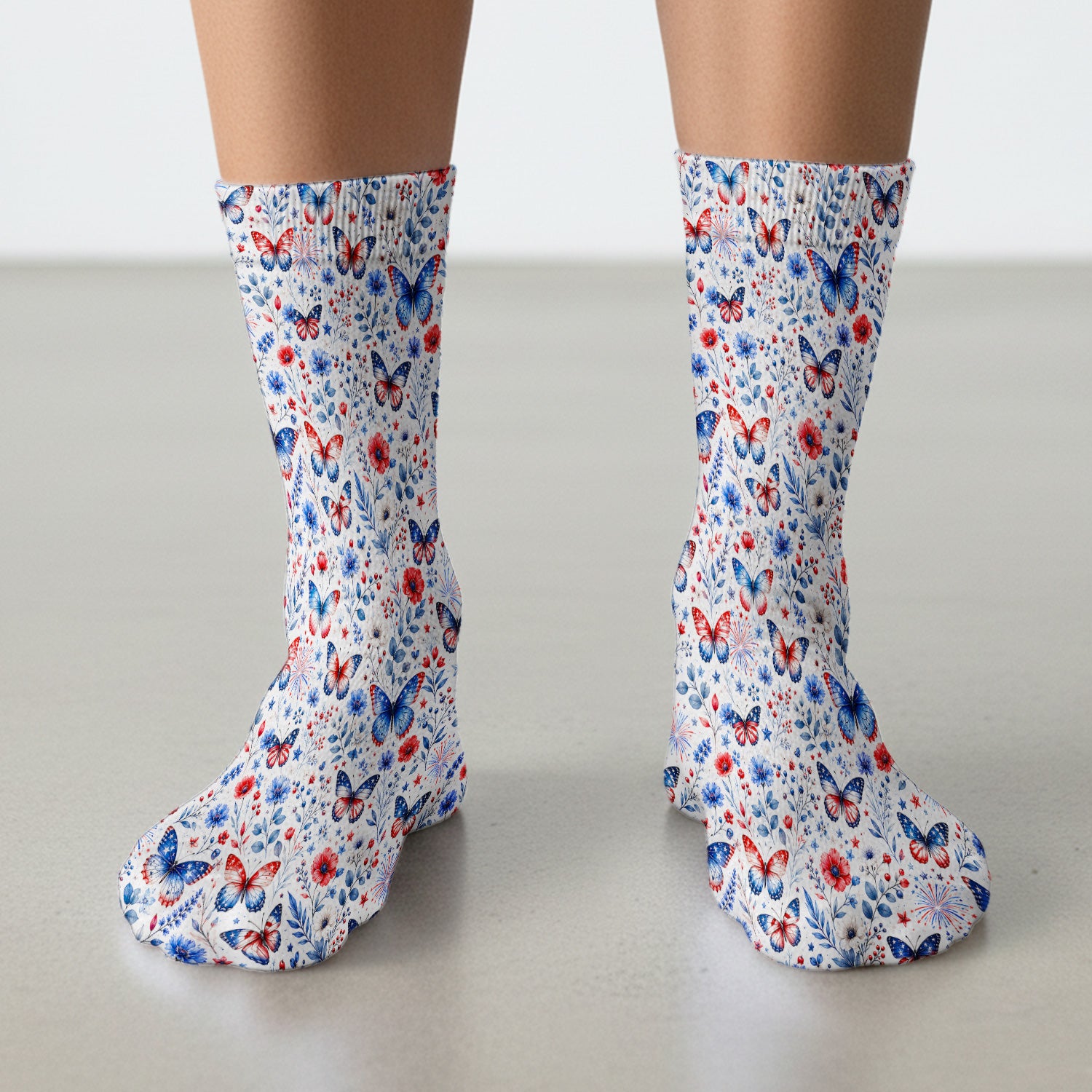 Patriotic Butterfly Fireworks Floral Pattern Socks, Adult Socks for Men and Women