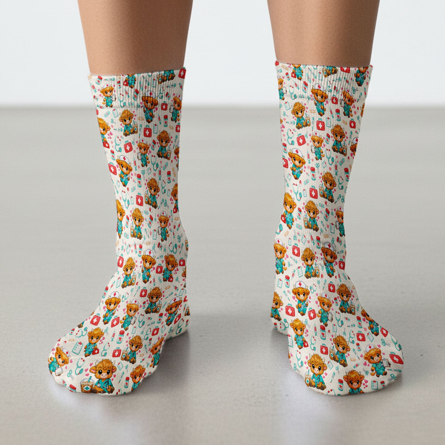 Cute Highland Cow Nurse Scrub Socks, Kawaii Medical Pattern Sock, Breathable Fabrics Nursing Uniform