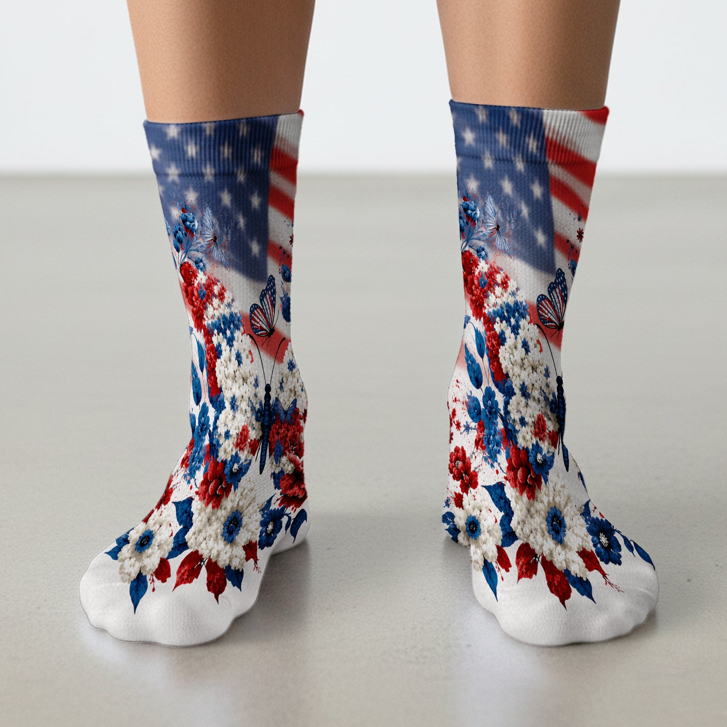 Patriotic Butterfly with Floral Print Socks, Adult Socks for Men and Women