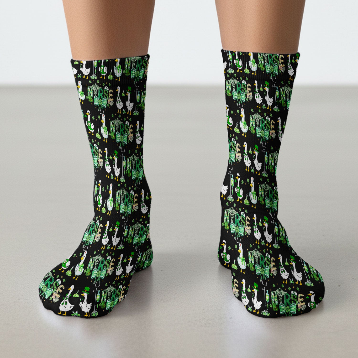 Funny Goose Nurse Shamrock Scrub Socks, St. Patrick’s Day Nurse Pattern Sock, Breathable Fabrics Nursing Uniform
