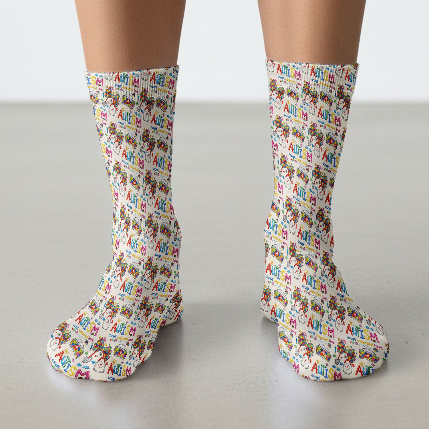 Autism Awareness Pattern Nurse Scrub Socks, Accept Understand Love Puzzle Nurses Sock, Breathable Fabrics Nursing Uniform