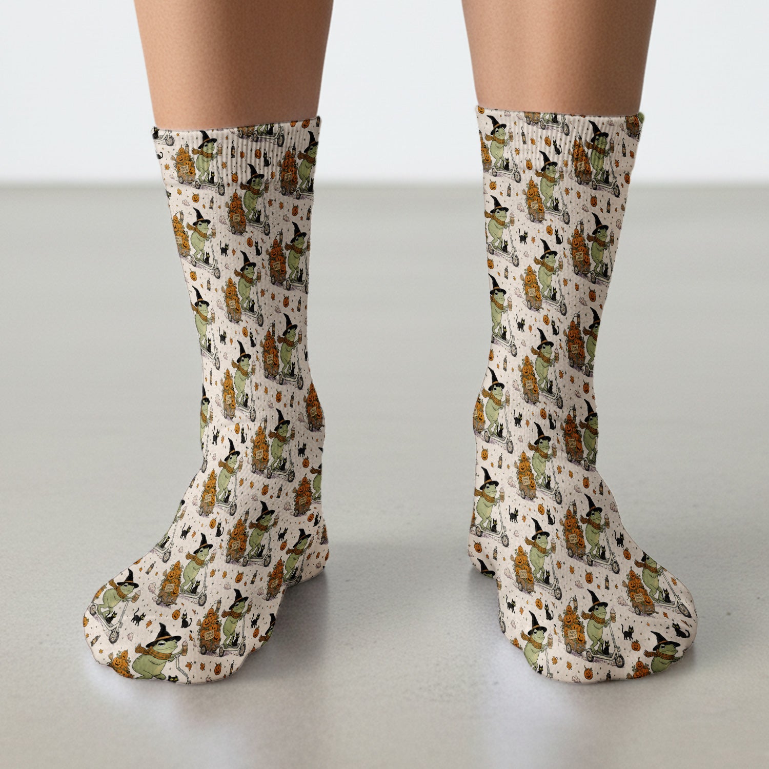 Cute Halloween Witch Frog And Pumpkins Socks, Adult Socks for Men and Women