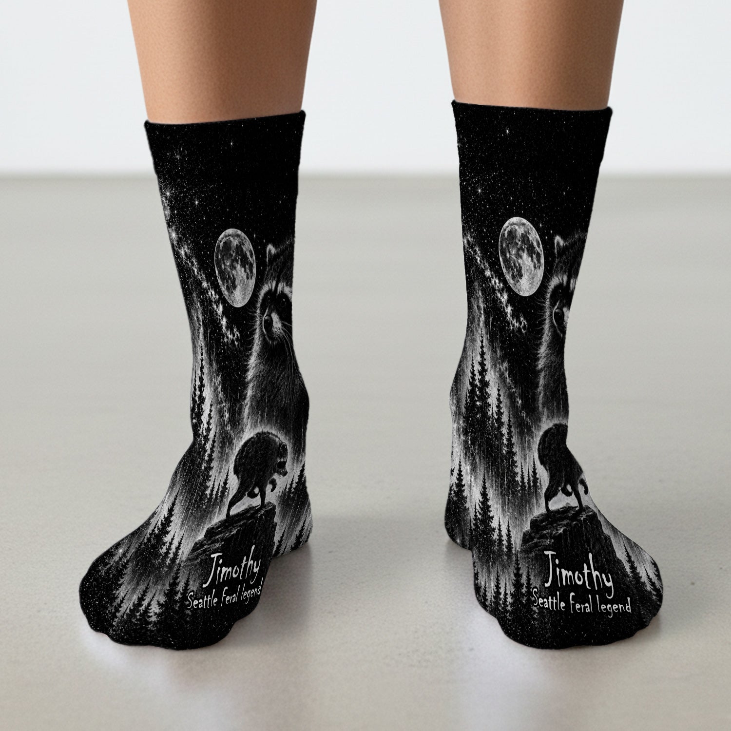 Moonlit Raccoon Forest Print Socks, Adult Socks for Men and Women