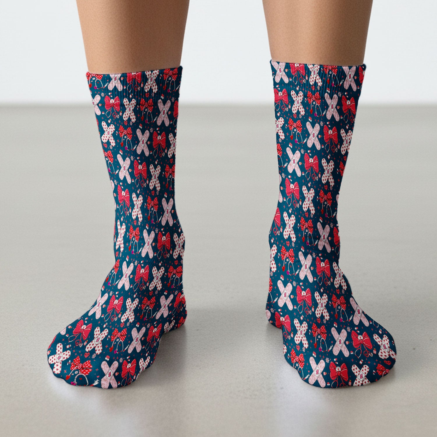 Valentine Nurse Scrub Socks, Red Bow And Heart Bandage Pattern Medical Sock, Breathable Fabrics Nursing Uniform