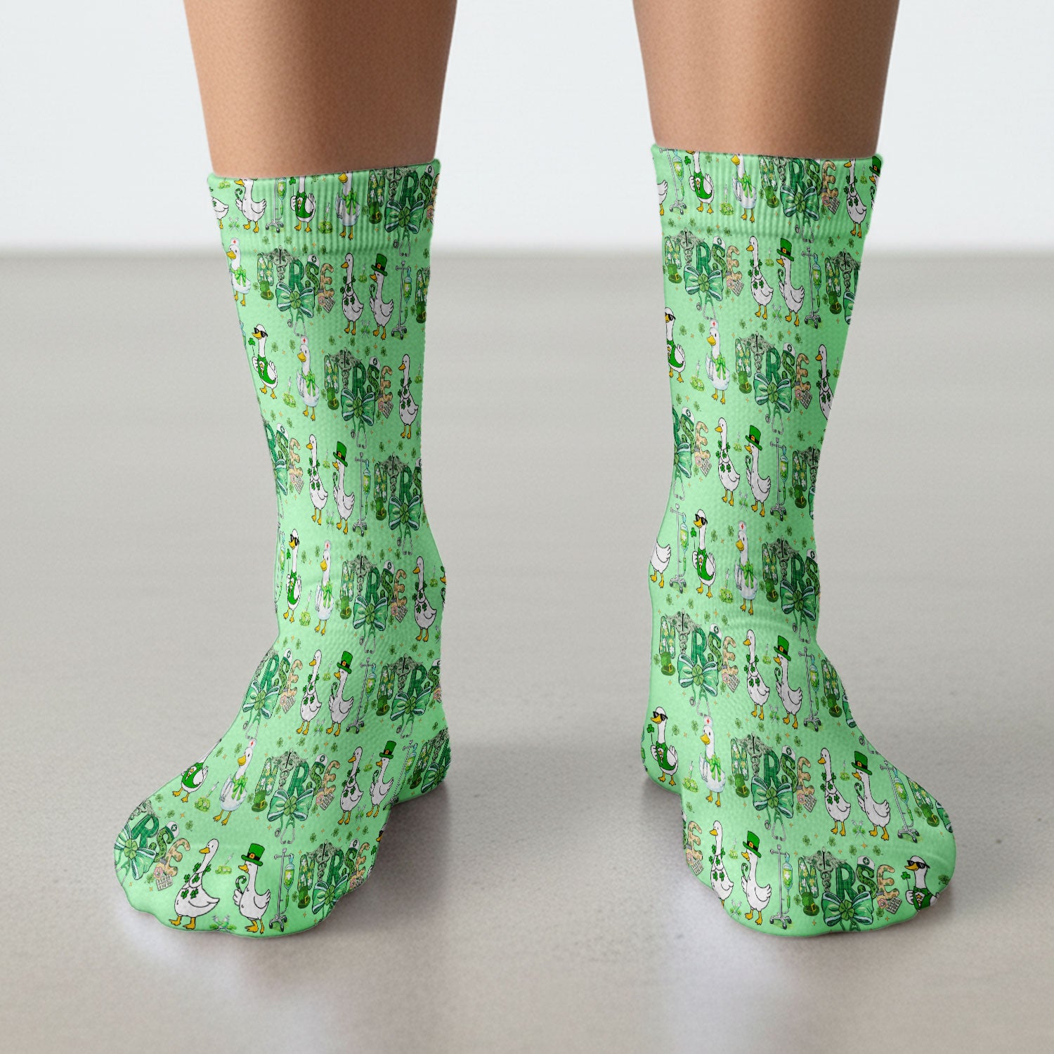 Funny Goose Nurse Shamrock Scrub Socks, St. Patrick’s Day Nurse Pattern Sock, Breathable Fabrics Nursing Uniform