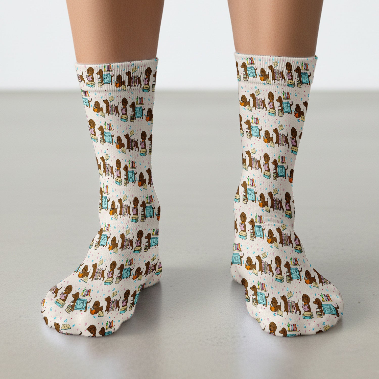 Cute Bookish Dachshund Reading Socks, Adult Socks for Men and Women