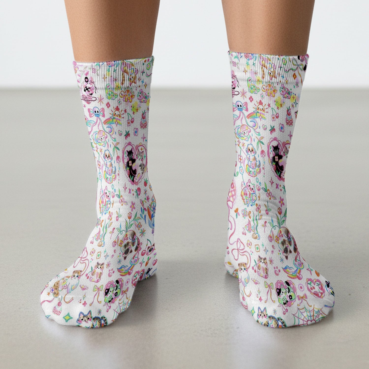 Cute Kawaii Animal Rainbow Heart Pattern Socks, Adult Socks for Men and Women