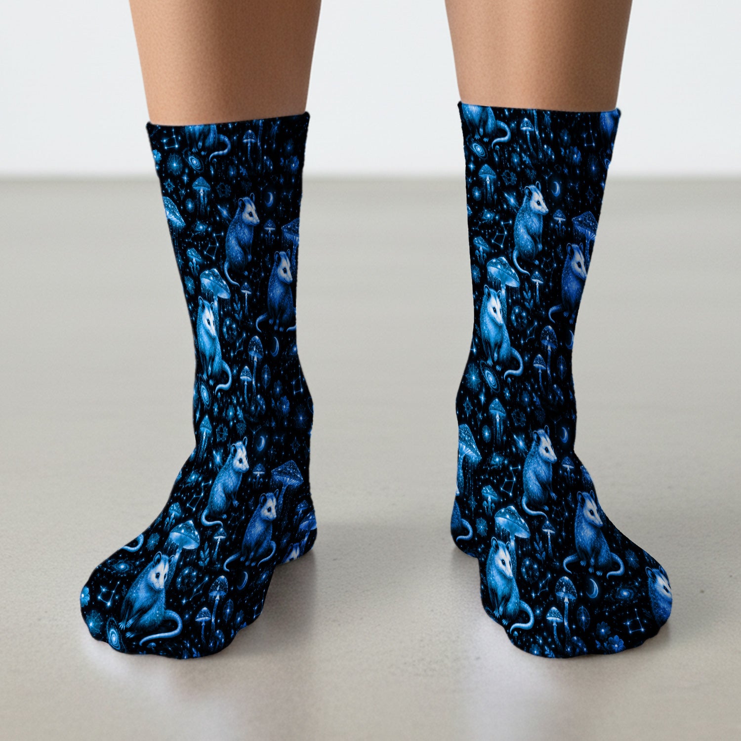 Celestial Blue Opossum With Mushroom Pattern Socks, Adult Socks for Men and Women