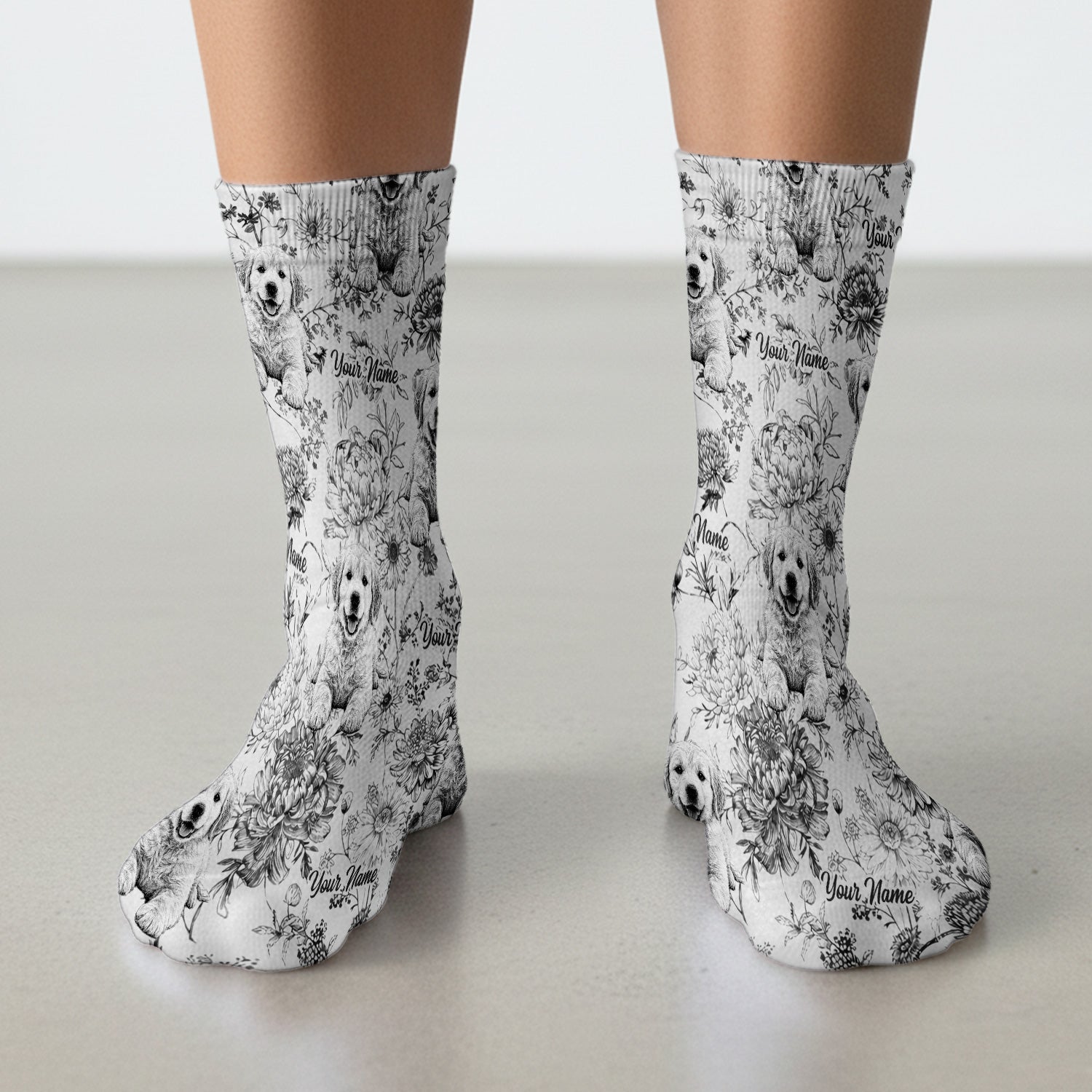 Personalized Custom Pet Photo Name Floral Pattern Socks, Adult Socks for Men and Women
