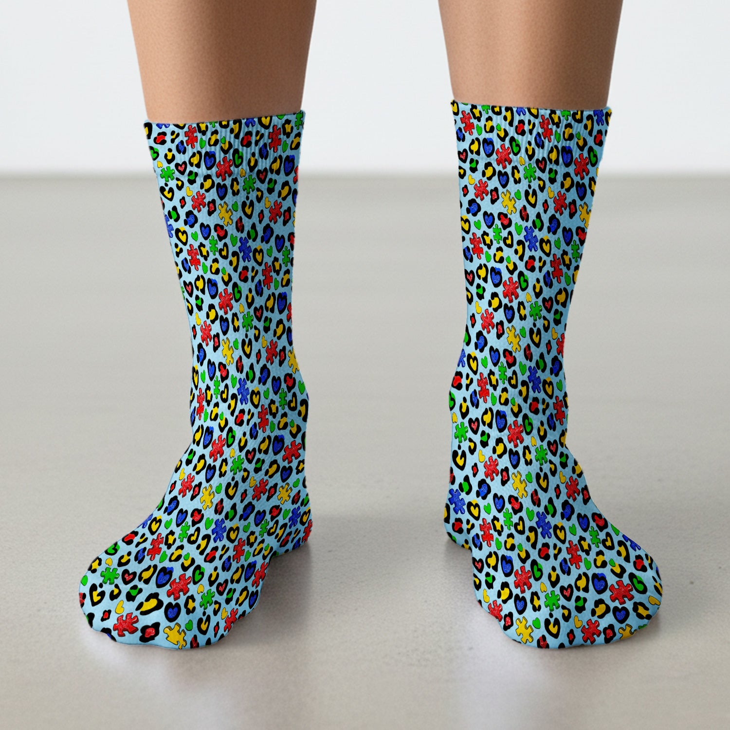 Colorful Puzzle Heart Print Crew Socks, Unisex Casual Socks