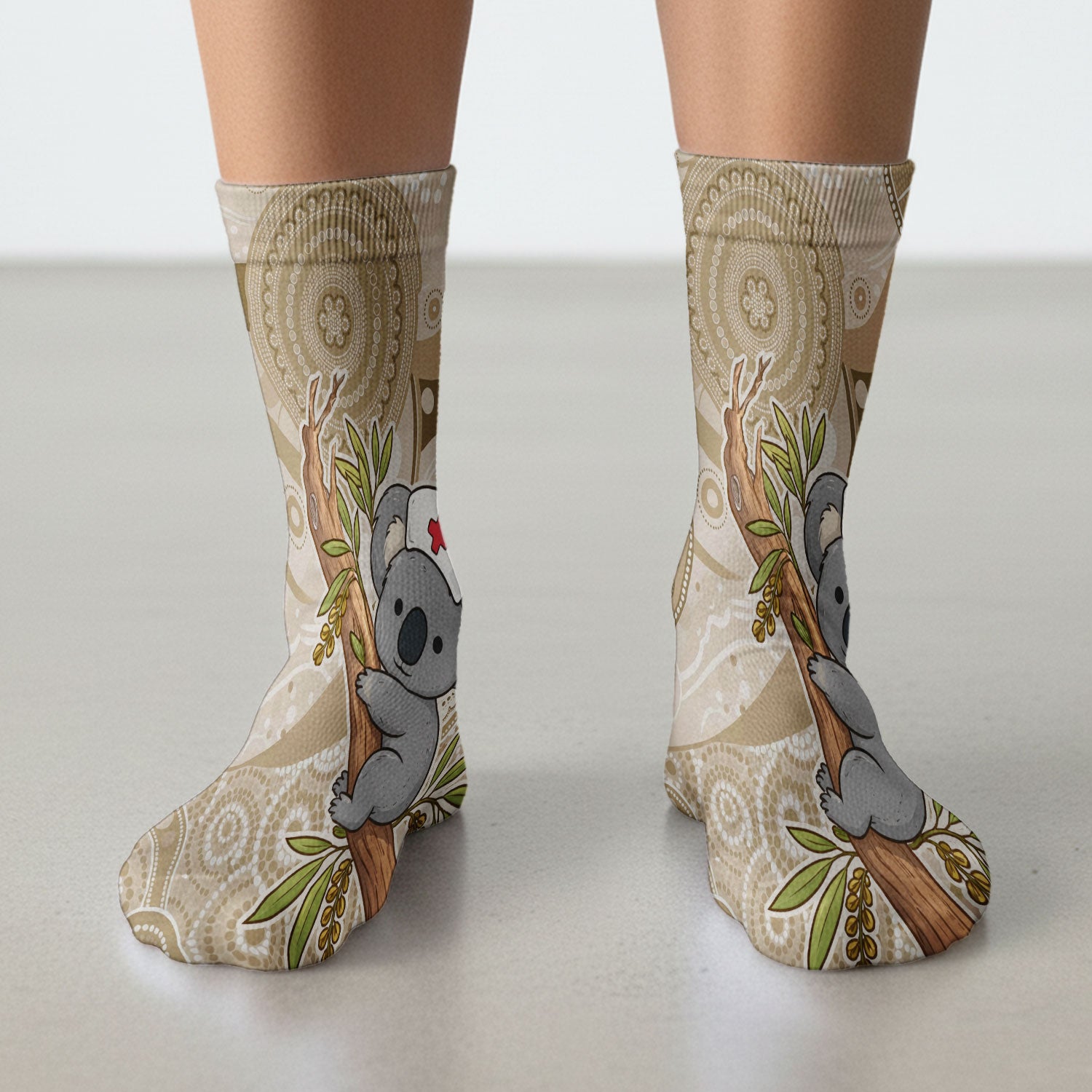 Australian Indigenous Inspired Dot Art Scrub Socks, Cute Koala Pattern Nurse Sock, Comfortable Scrubs For Nursing