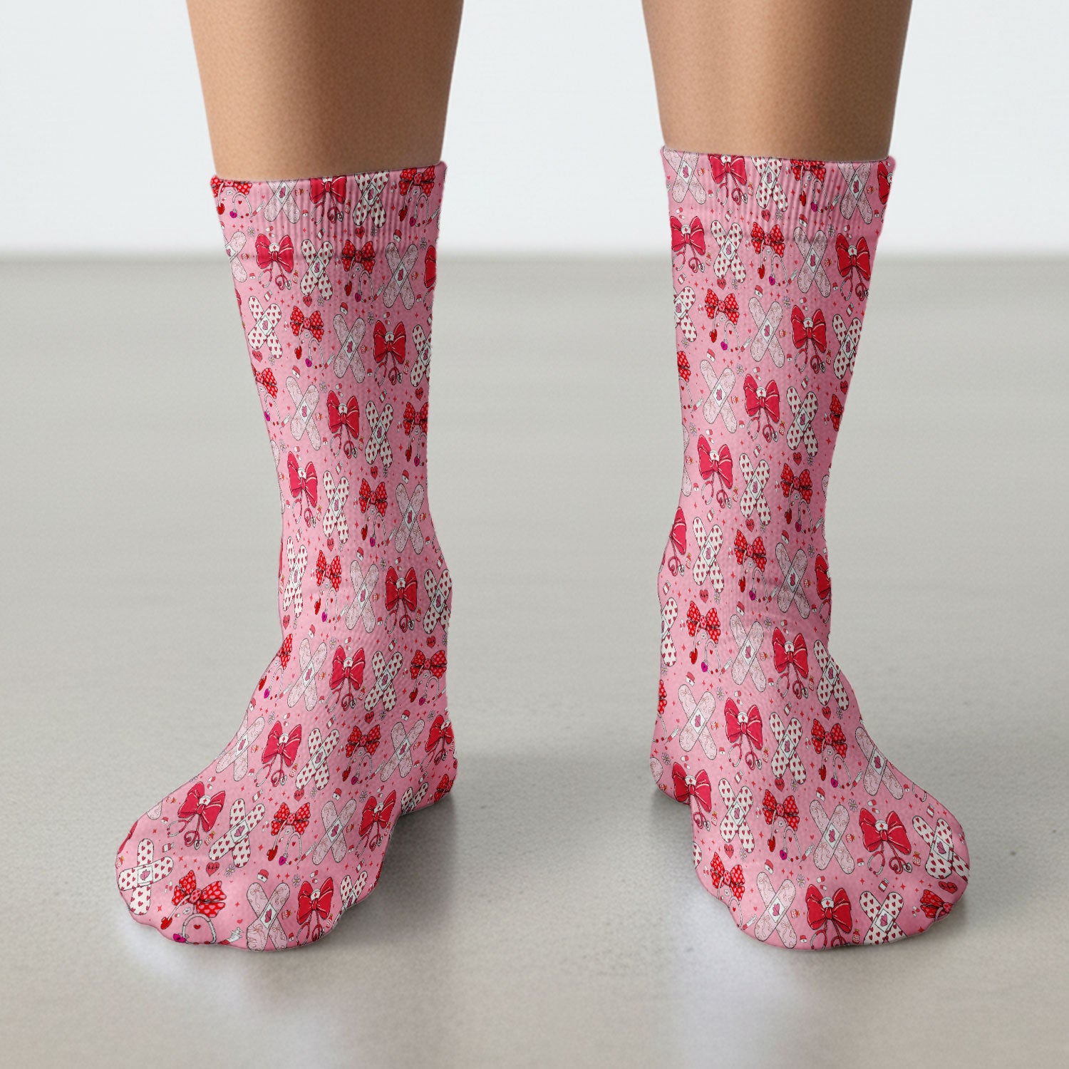 Valentine Nurse Scrub Socks, Red Bow And Heart Bandage Pattern Medical Sock, Breathable Fabrics Nursing Uniform