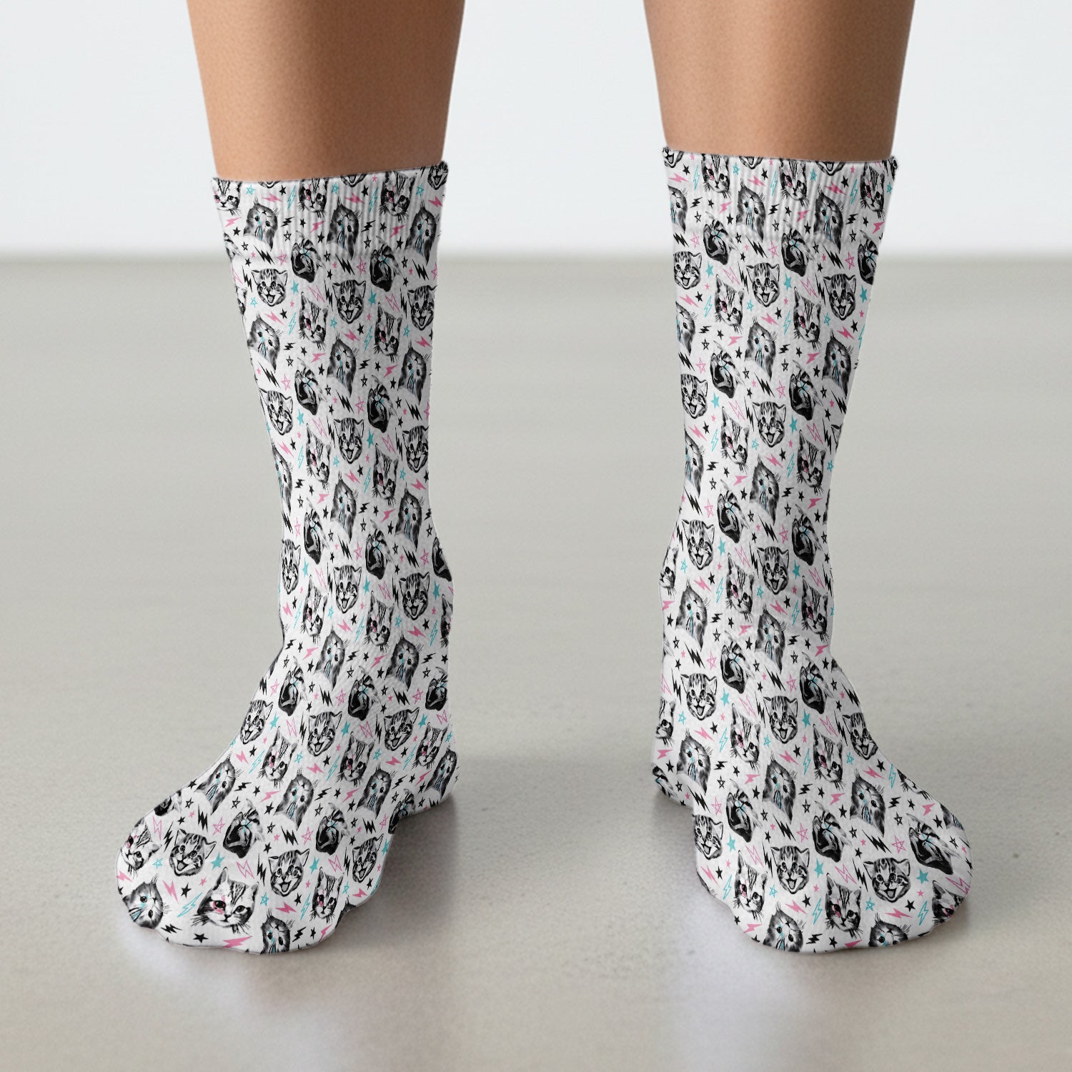 Playful Cat Faces Lightning Pattern Socks, Adult Socks for Men and Women